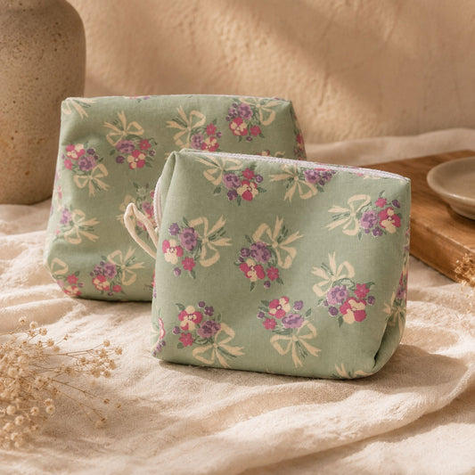 Cottagecore Makeup Bag with Green Bow for Everyday Use | Travel Organizer