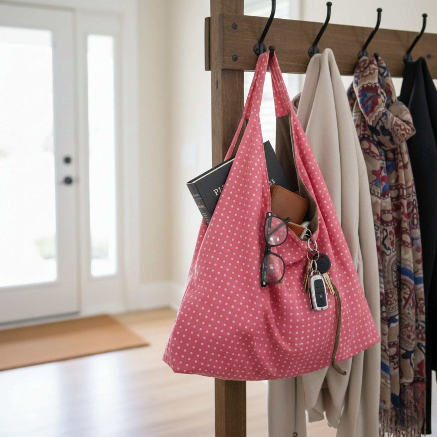 The Reversible Slouch Hobo tote Bag in its pink-and-white polka dot print hanging from a hall tree hook, filled with everyday items like books, reading glasses, a wallet, and keys. This showcases its use as a grab-and-go tote for daily essentials