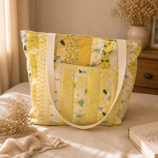 Handmade Quilted Tote Bag - Yellow Cotton Shoulder Bag for Women, Market & Everyday Use