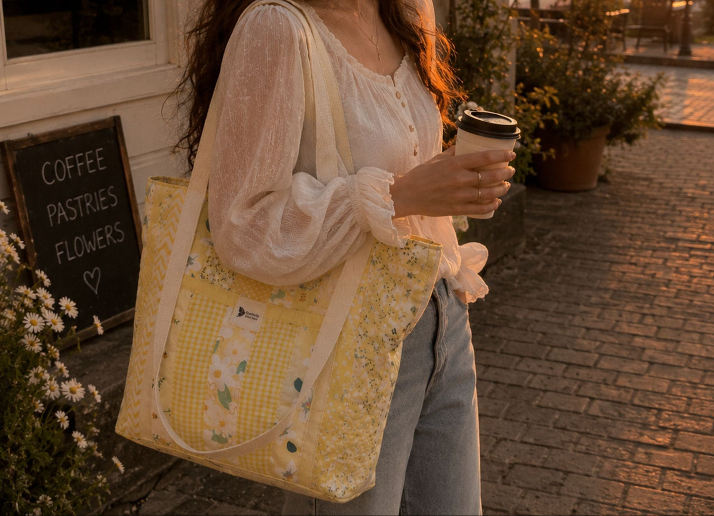 Handmade Quilted Tote Bag - Yellow Cotton Shoulder Bag for Women, Market & Everyday Use