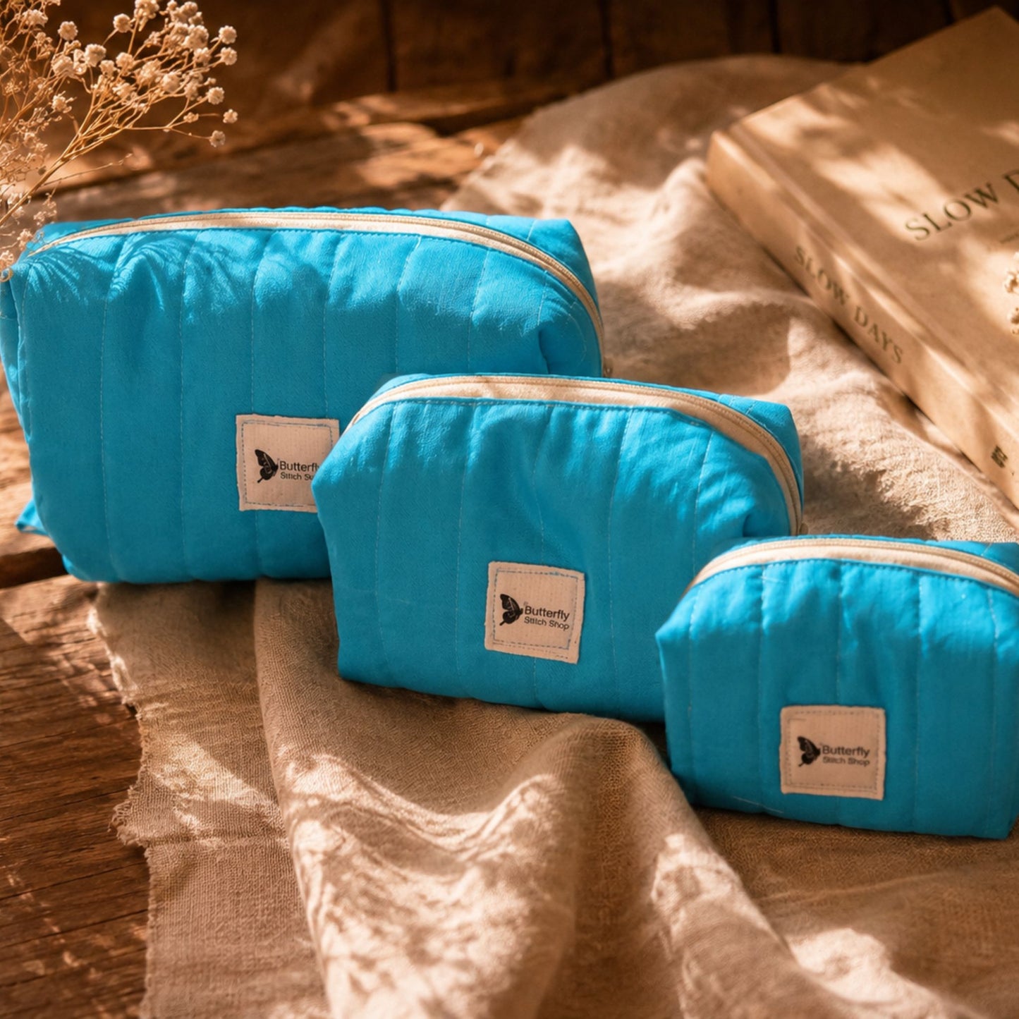 Handmade Quilted Makeup Bag Set (3 Sizes) – Wide-Open Cosmetic Organizer with Compartments – Travel & Everyday Use