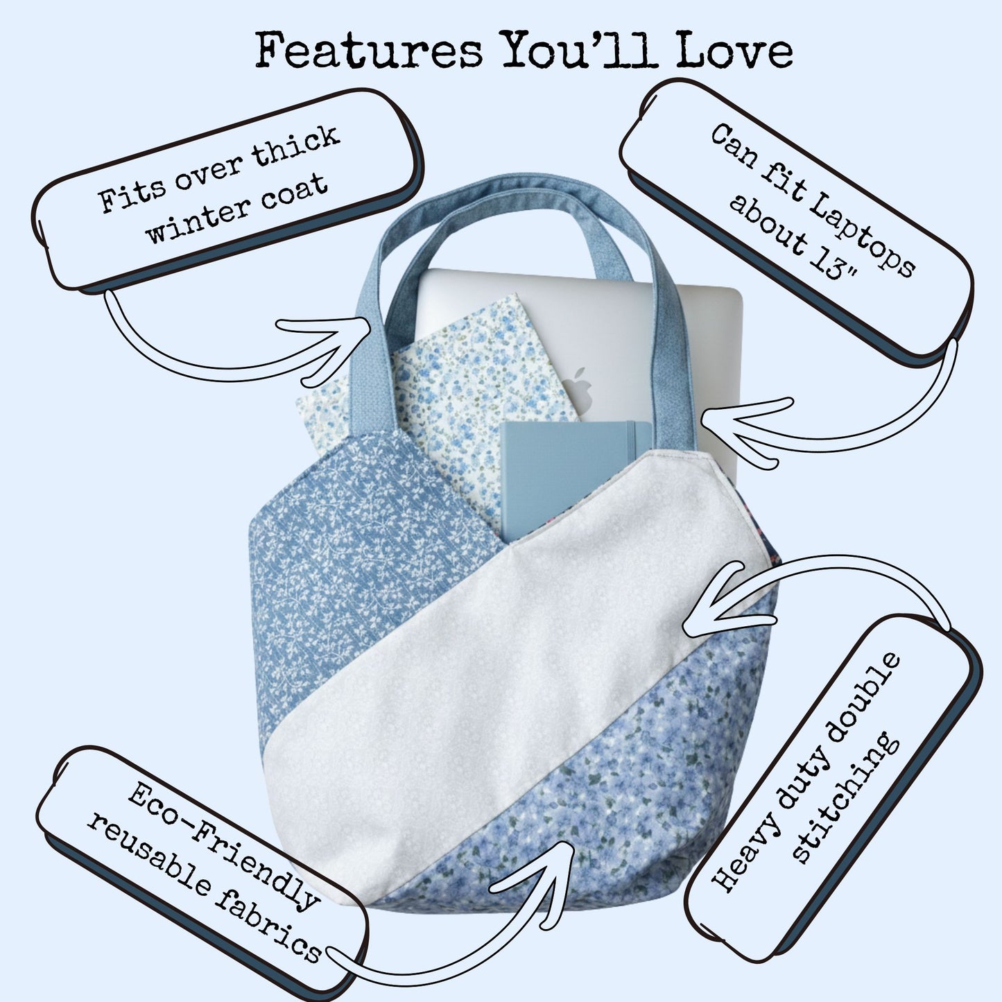 Handmade Blue Floral Tote Bag – Cotton Shoulder Bag for Women, Market & Everyday Use