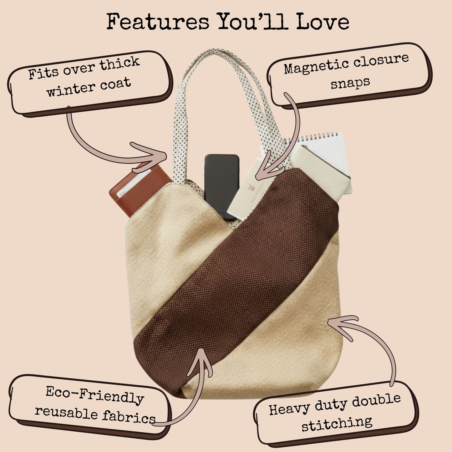 Minimalist Tote Bag - Chocolate Brown Handmade Cotton Shoulder Bag for Work & Market