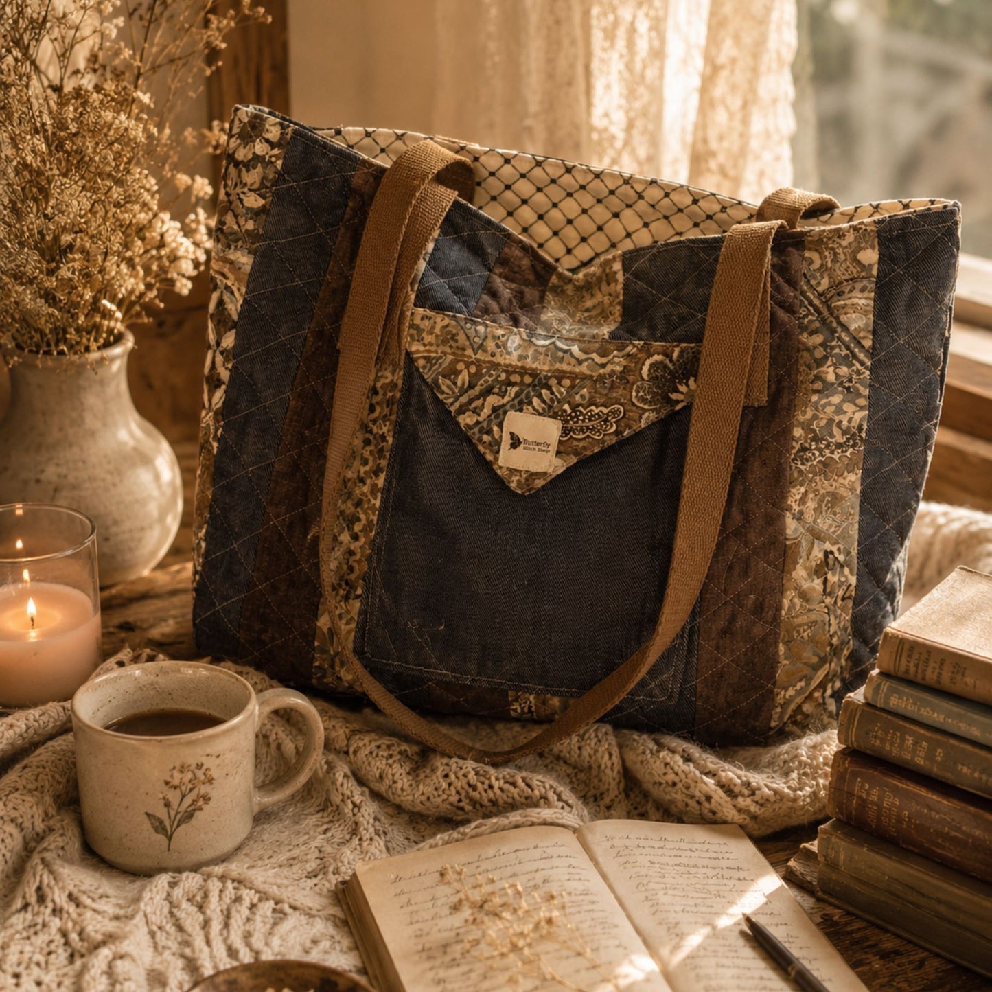 Handmade Quilted Tote Bag – Rustic Country Romantic Patchwork Shoulder Bag for Everyday Use