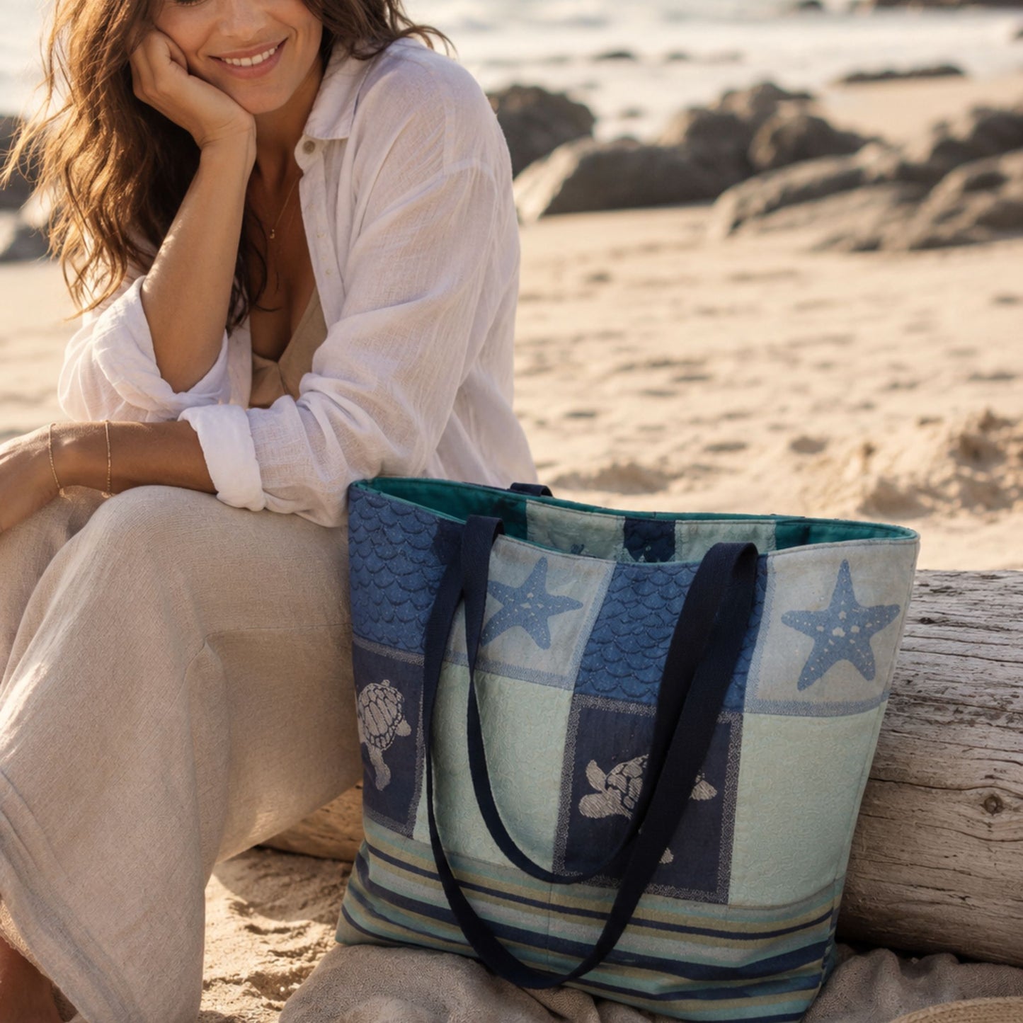 Seaside Escape Quilted Tote Bag | Handmade Turtle Beach Tote | Upcycled Ocean Inspired Shoulder Bag