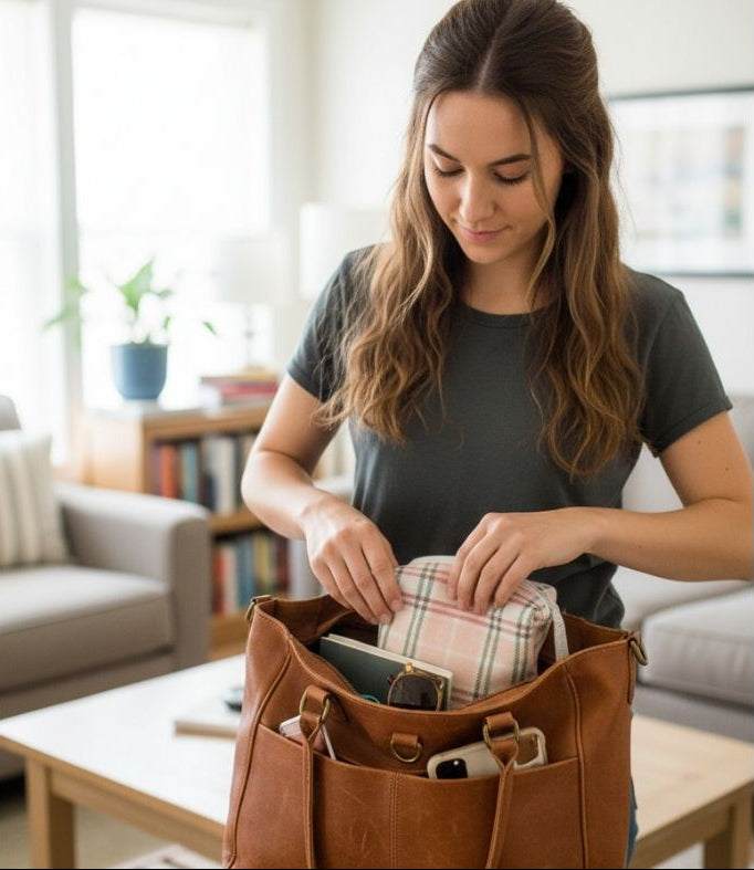 Woman organizing items in a brown leather bag in a living room. Putting her x small pink Flannel Plaid Zipper Pouch makeup pouch inside her bag.