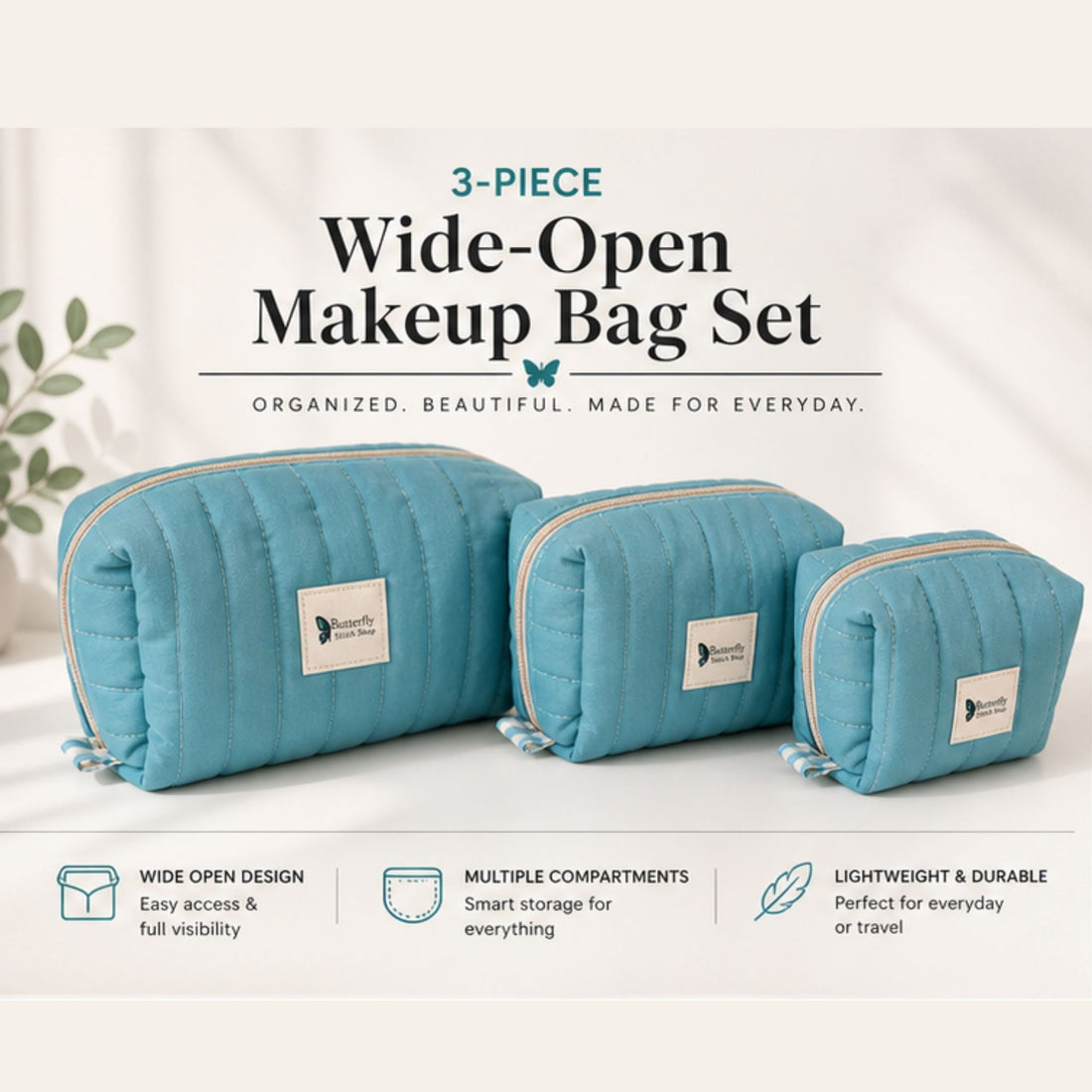 Handmade Quilted Makeup Bag Set Wide Open Cosmetic Organizer Travel Pouch Set