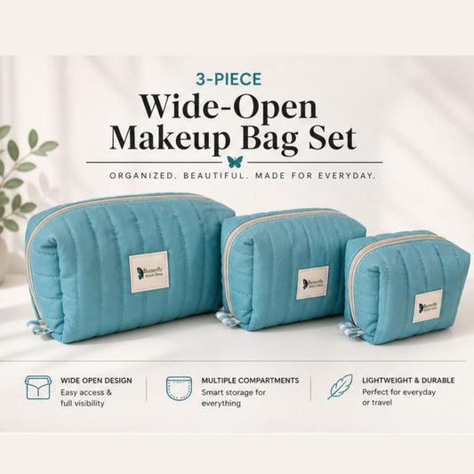 Handmade Quilted Makeup Bag Set Wide Open Cosmetic Organizer Travel Pouch Set