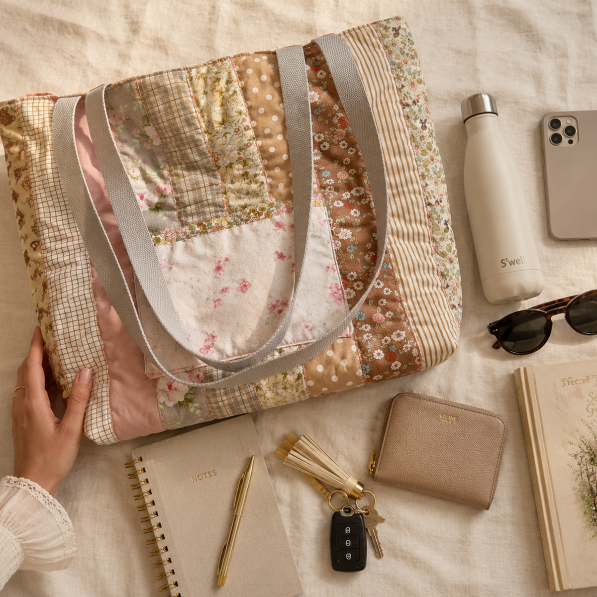 Blush Garden Quilted Tote Bag | Handmade Patchwork Shoulder Bag | Designer Jelly Roll Tote with Upcycled Lining