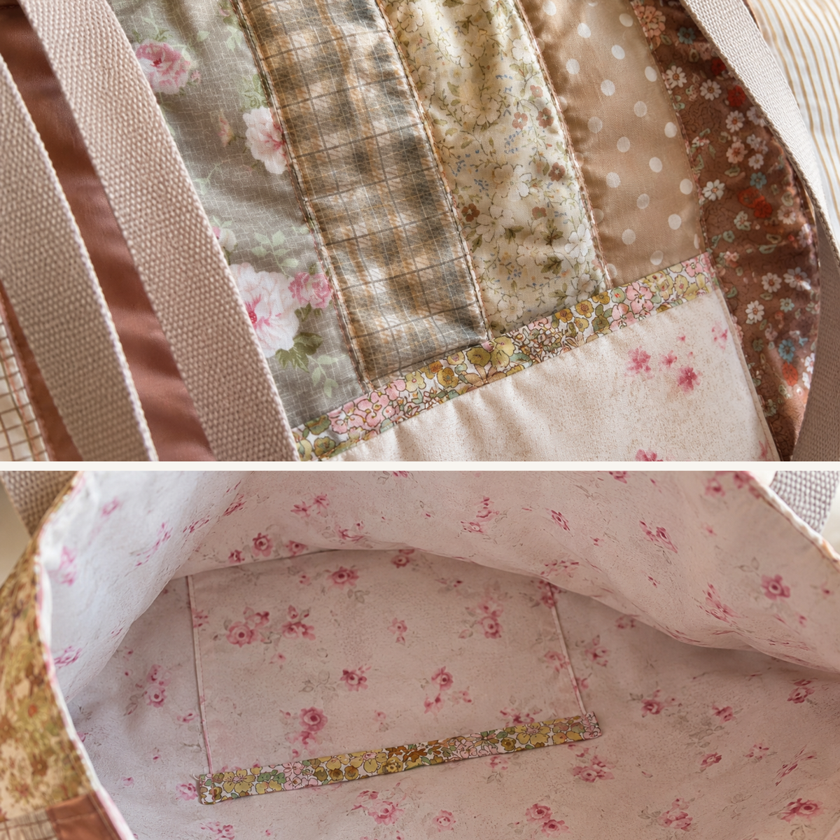 Blush Garden Quilted Tote Bag | Handmade Patchwork Shoulder Bag | Designer Jelly Roll Tote with Upcycled Lining