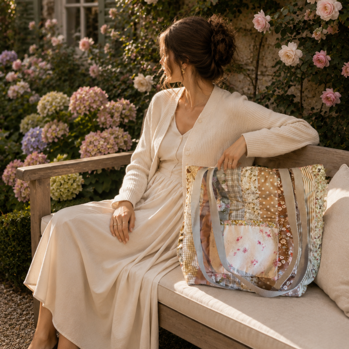 Blush Garden Quilted Tote Bag | Handmade Patchwork Shoulder Bag | Designer Jelly Roll Tote with Upcycled Lining