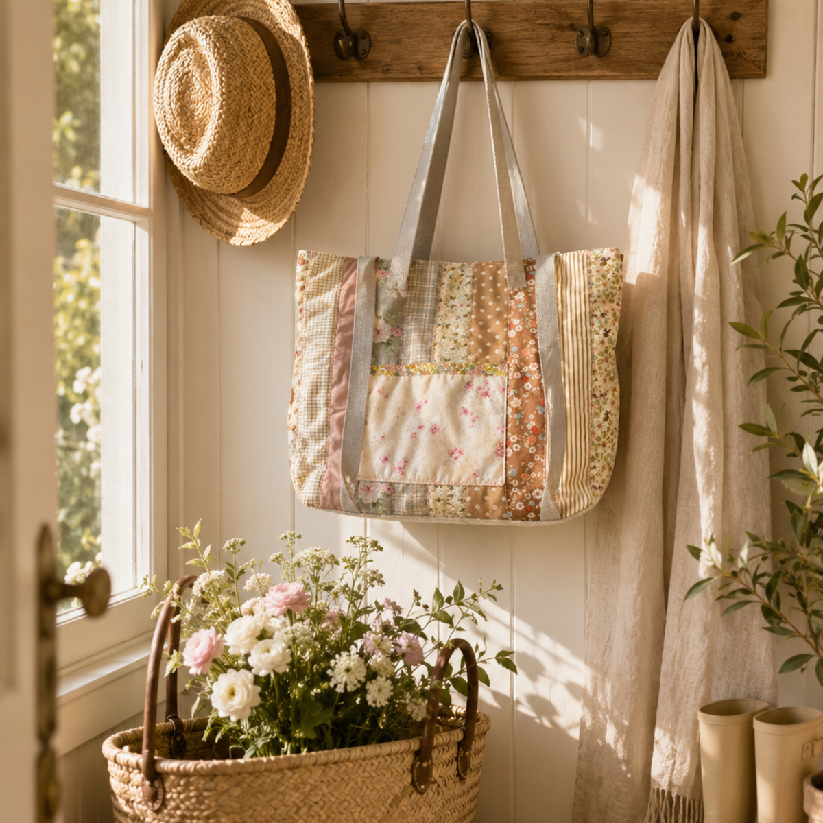 Blush Garden Quilted Tote Bag | Handmade Patchwork Shoulder Bag | Designer Jelly Roll Tote with Upcycled Lining
