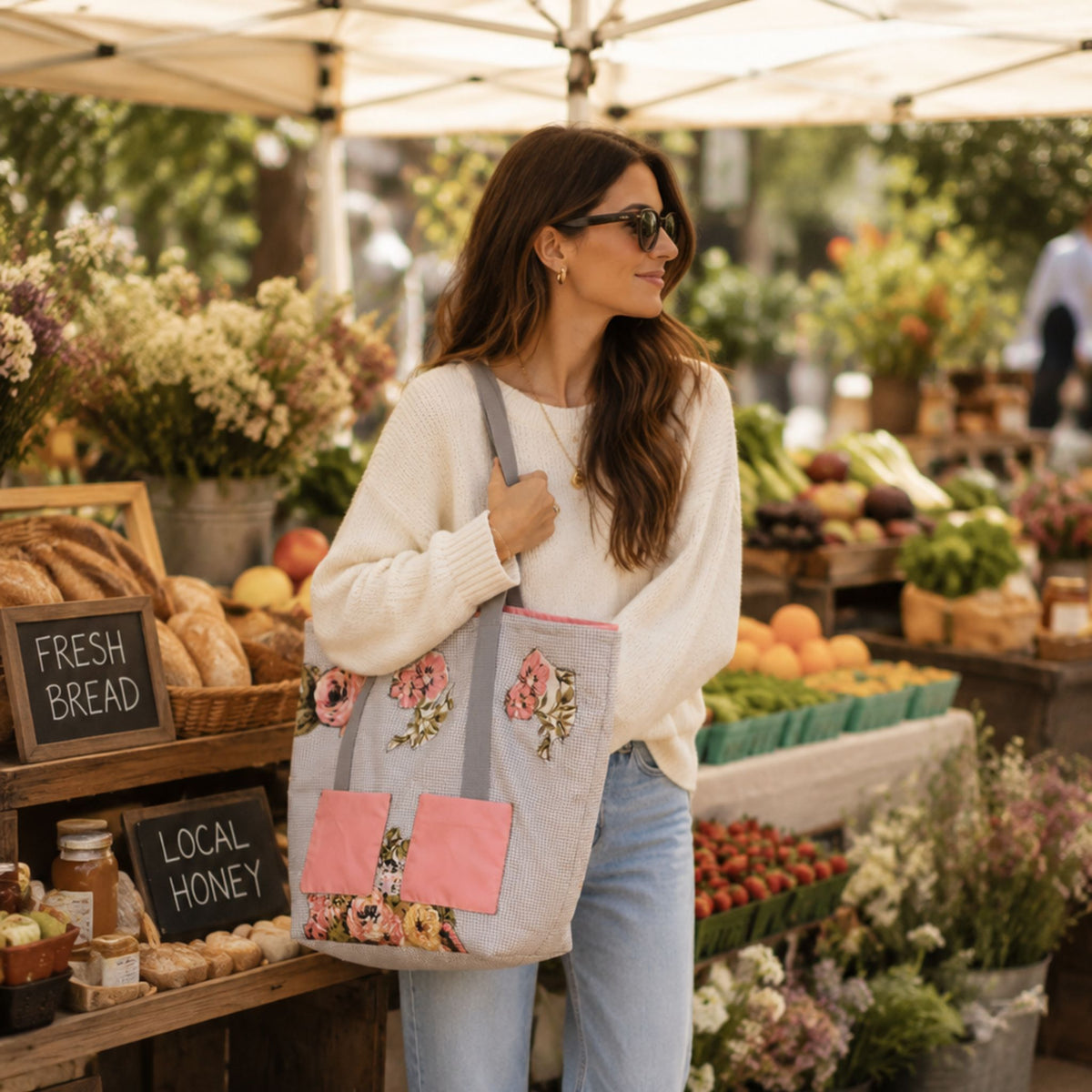 One-of-a-Kind Blush Floral Patchwork Quilted Tote Bag | Handmade Romantic Shoulder Bag