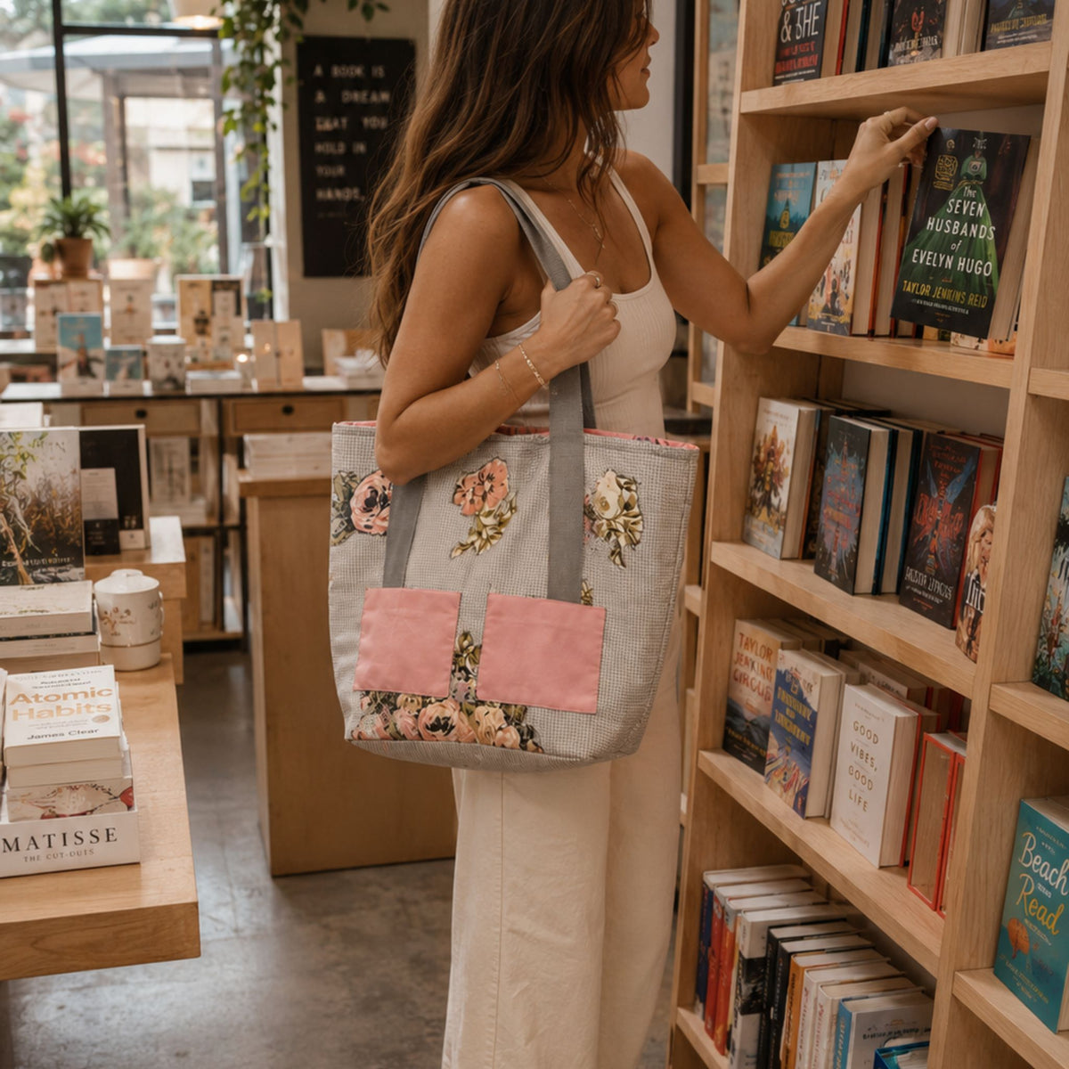 One-of-a-Kind Blush Floral Patchwork Quilted Tote Bag | Handmade Romantic Shoulder Bag