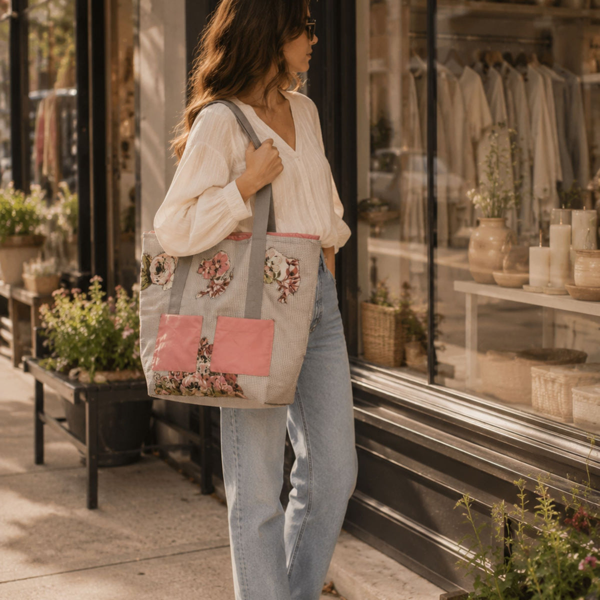One-of-a-Kind Blush Floral Patchwork Quilted Tote Bag | Handmade Romantic Shoulder Bag