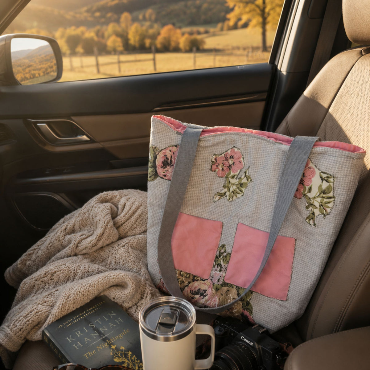 One-of-a-Kind Blush Floral Patchwork Quilted Tote Bag | Handmade Romantic Shoulder Bag