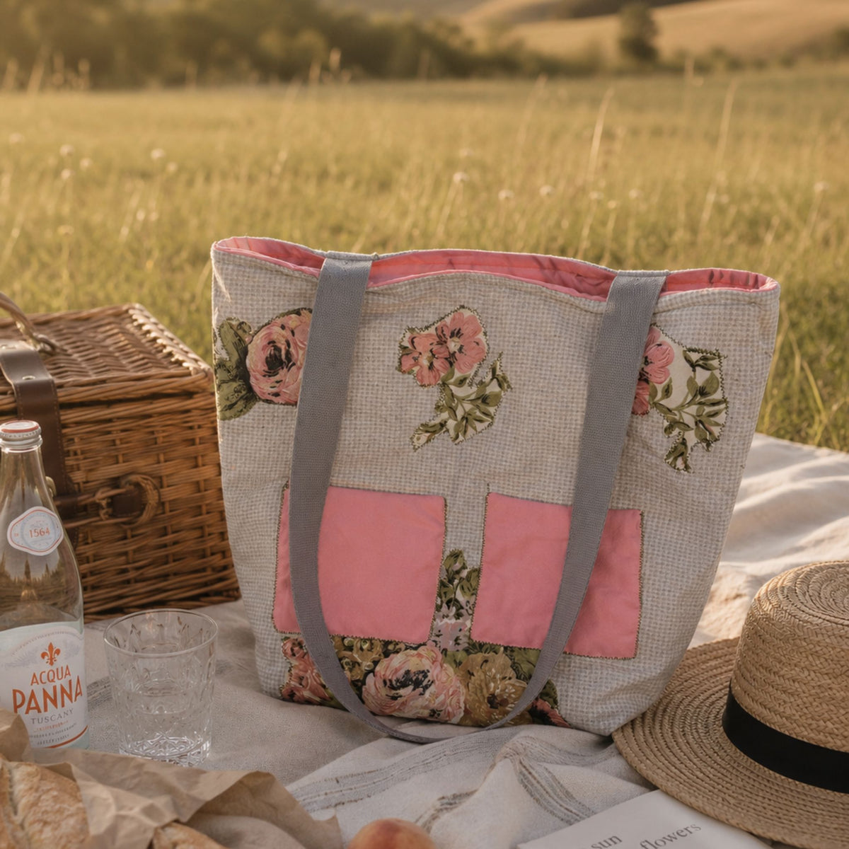 One-of-a-Kind Blush Floral Patchwork Quilted Tote Bag | Handmade Romantic Shoulder Bag