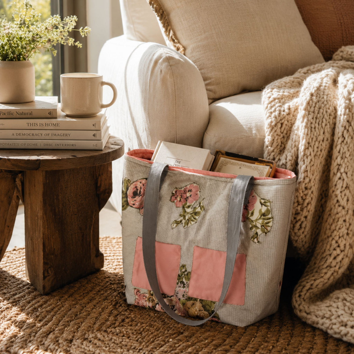 One-of-a-Kind Blush Floral Patchwork Quilted Tote Bag | Handmade Romantic Shoulder Bag