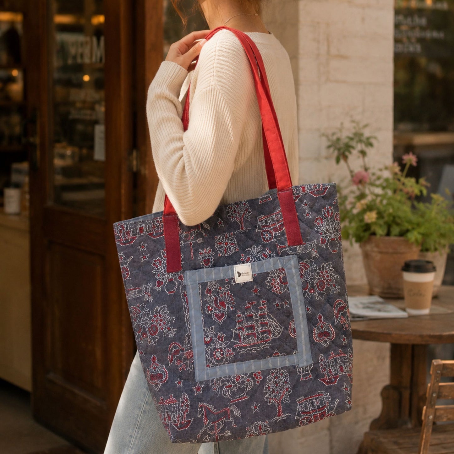 Handmade Quilted Tote Bag - Blue Quilted American Fabric Shoulder Bag  Everyday Use