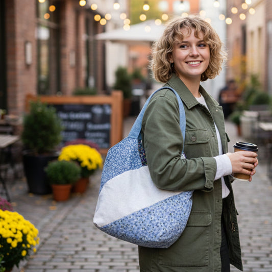 Smiling woman carrying the Blue Floral Tote Bag over her shoulder while standing in a brick-lined outdoor market or cafe. The quilted bag features a blue floral pattern and a diagonal white stripe. The model is wearing a green utility jacket and holding a coffee, demonstrating the tote's casual, everyday wearability.