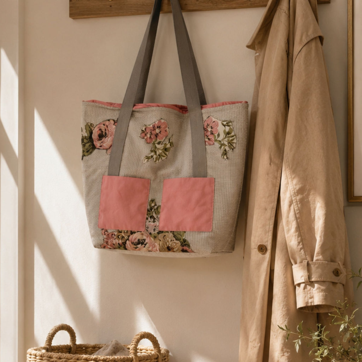 One-of-a-Kind Blush Floral Patchwork Quilted Tote Bag | Handmade Romantic Shoulder Bag
