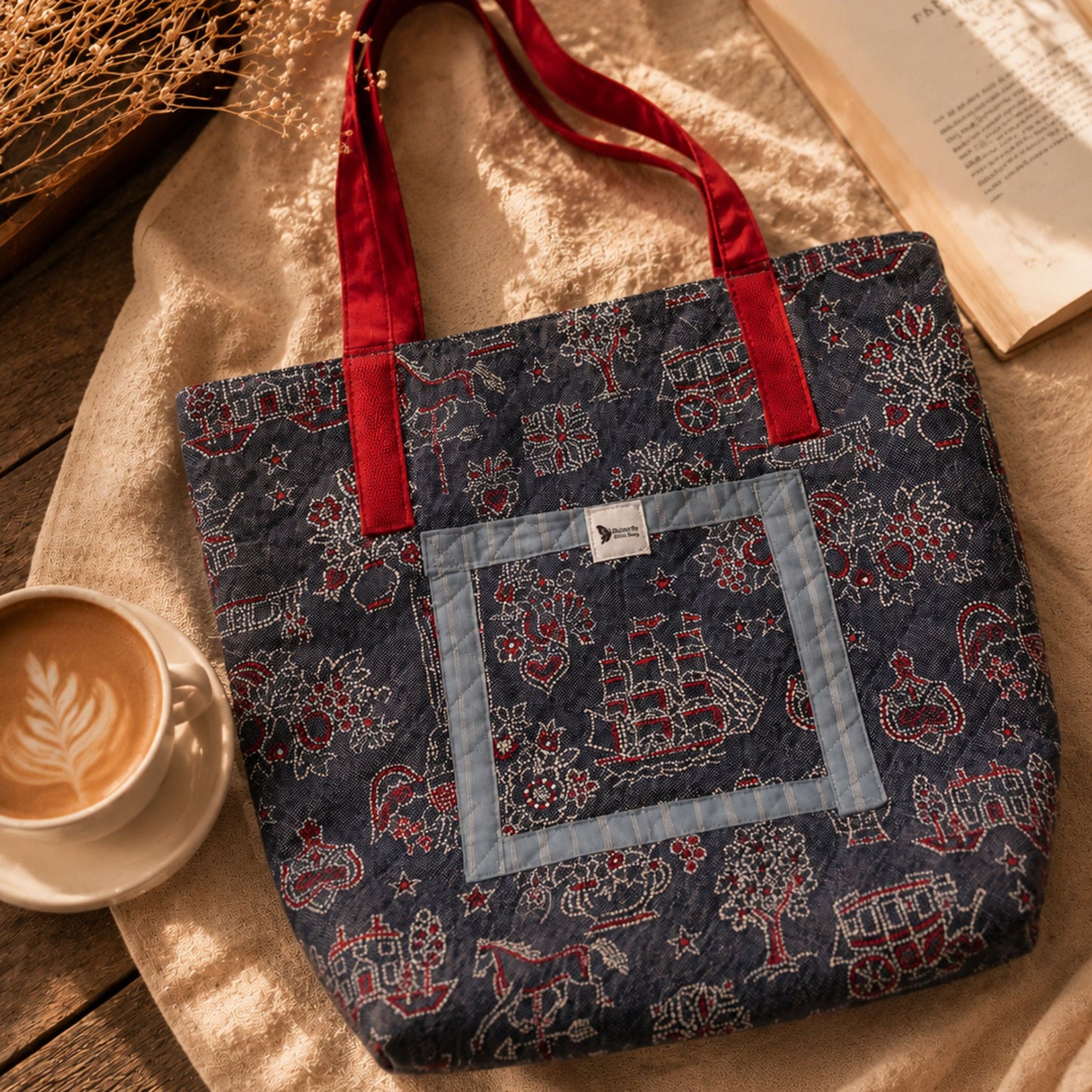 Handmade Quilted Tote Bag - Blue Quilted American Fabric Shoulder Bag  Everyday Use