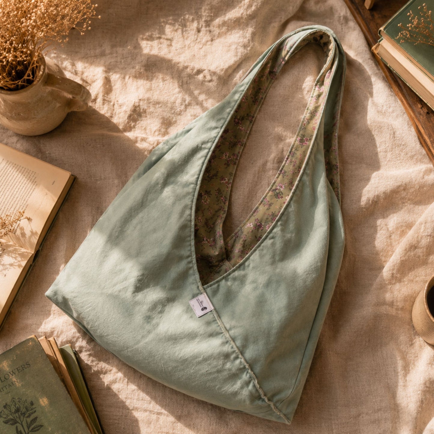 Slouch Hobo Tote Bag – Reversible Minimalist Jade Green Tote Bag, Gift for Her Birthday