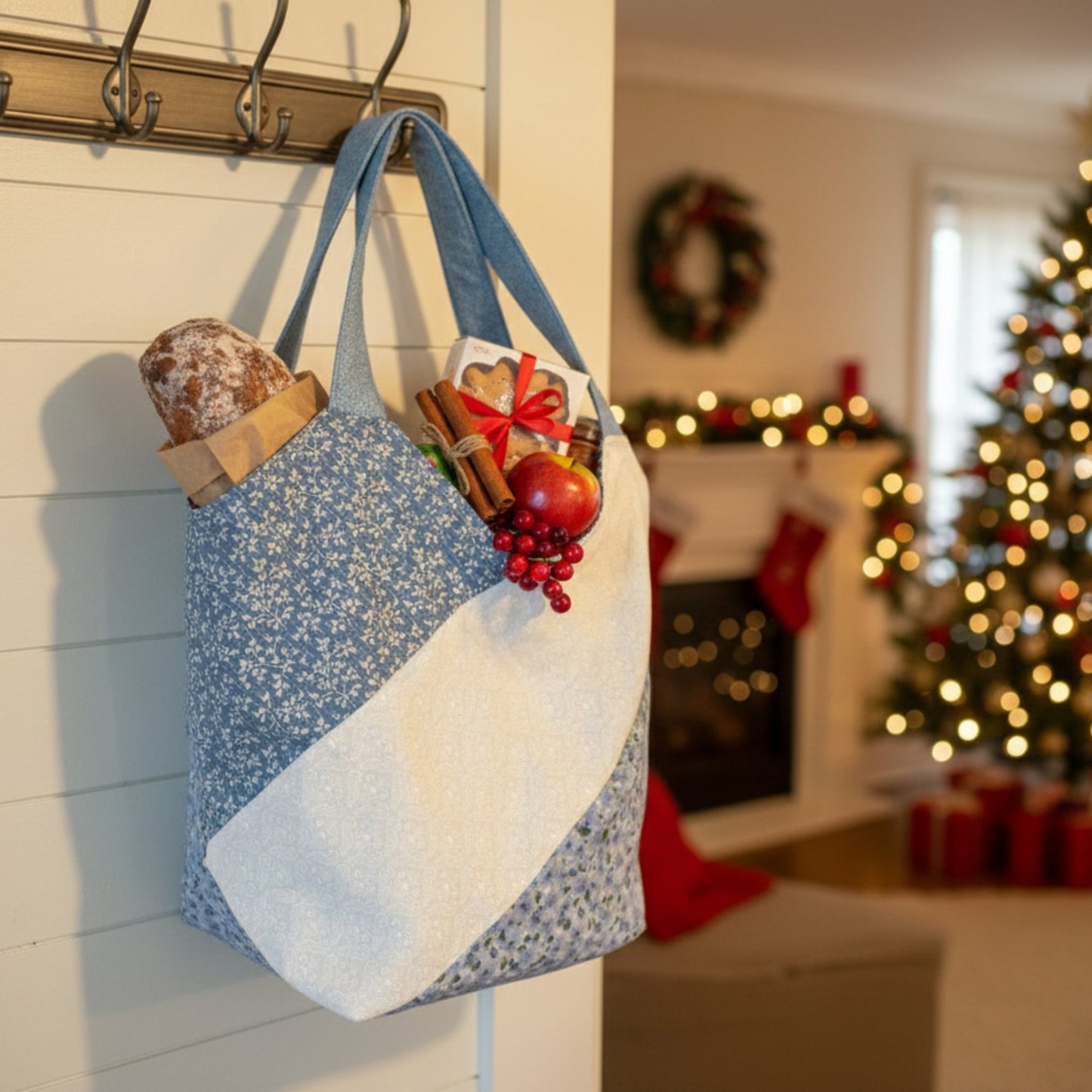 The Blue Floral Tote Bag hanging on a hall rack against a white shiplap wall, filled with a loaf of bread and Christmas-themed items, including a red apple and seasonal treats. A decorated Christmas tree and fireplace are blurred in the background, showing the tote's function as a festive gift bag or seasonal carry-all
