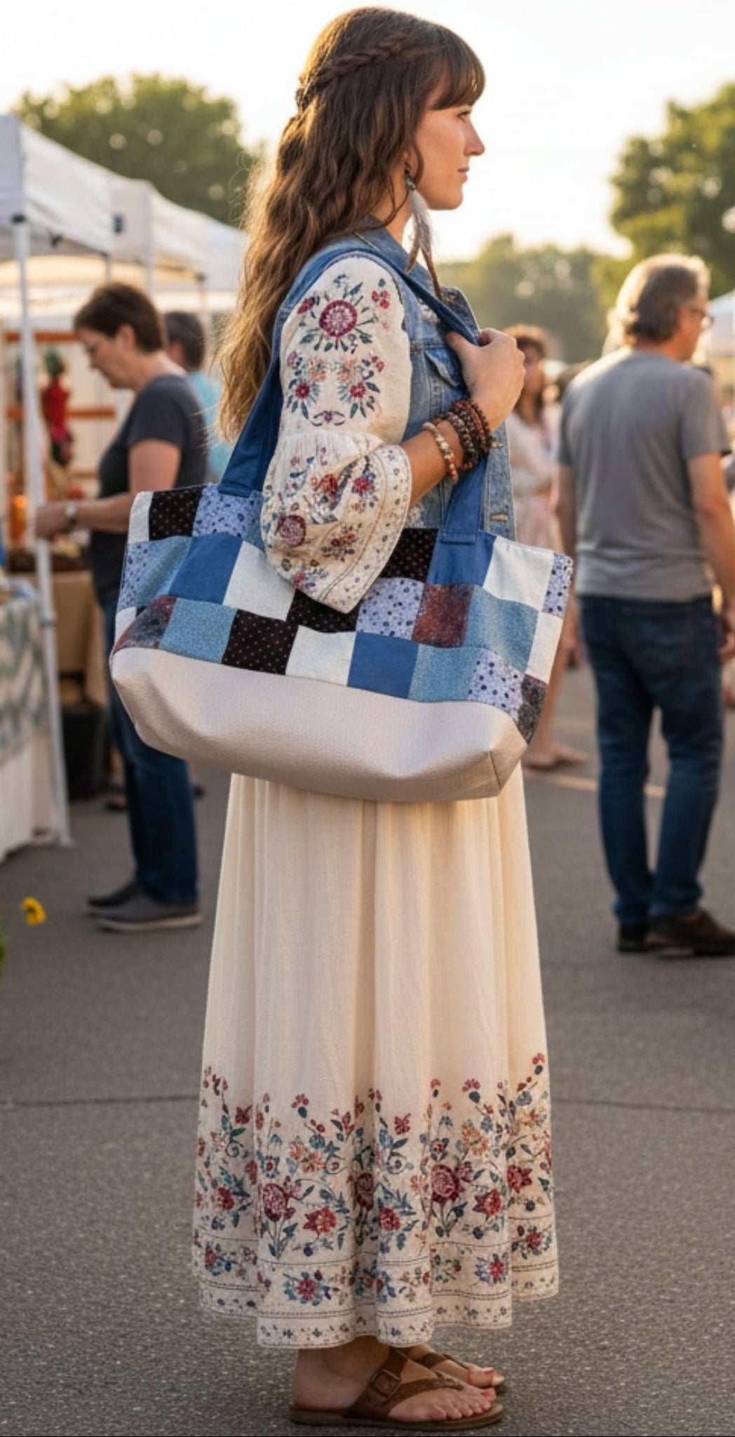 Woman in a flowy dress and denim vest standing at an outdoor market, carrying the Handmade Patchwork Tote Bag over her shoulder. The large bag features patchwork squares in blue, cream, and rustic fabrics, contrasting with a light faux-leather base, showcasing the tote's size and stylish bohemian look.