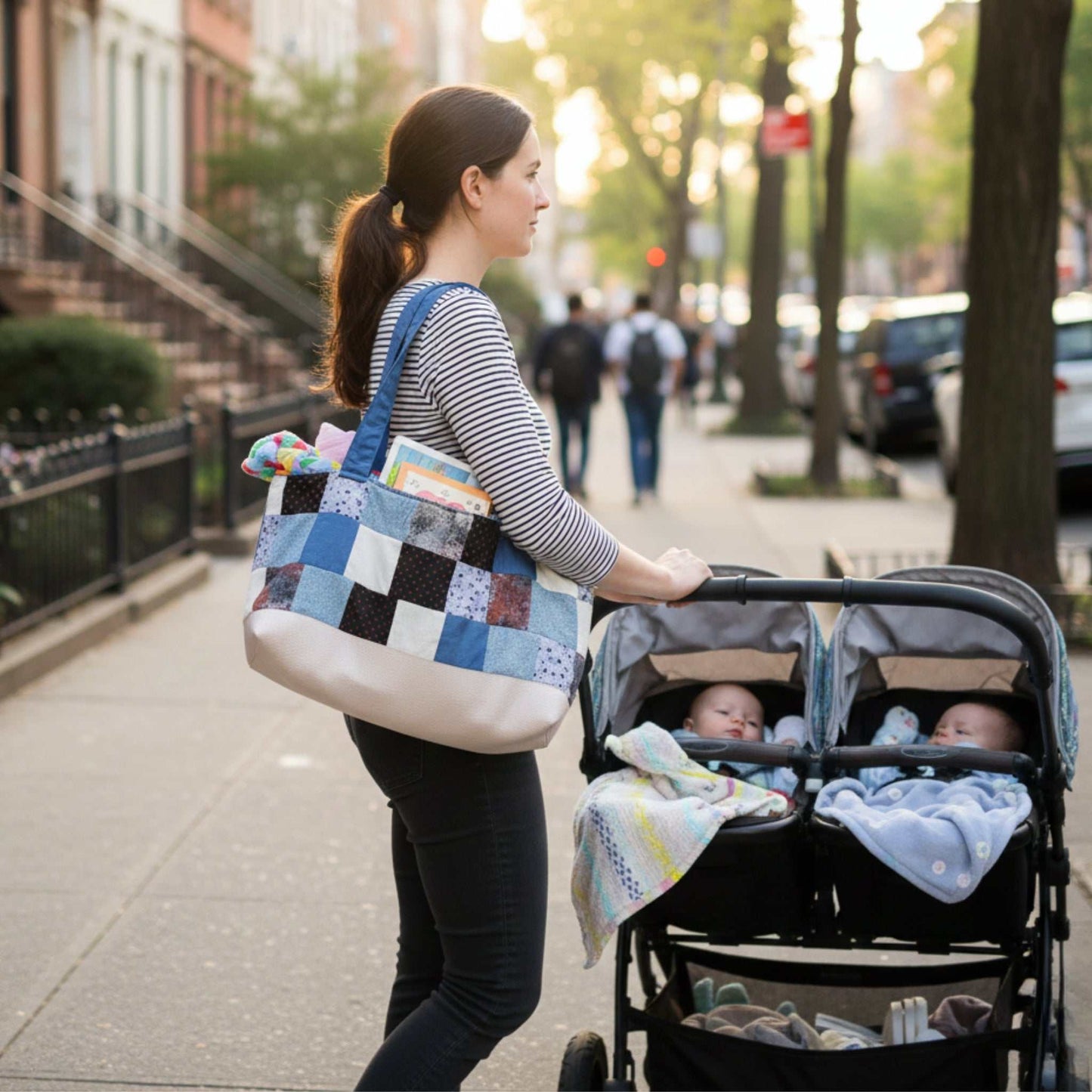 Mother walking on a city sidewalk pushing a double stroller, carrying the large Handmade Patchwork Tote Bag over her shoulder. The bag is filled with baby items and books, illustrating its spacious functionality as a stylish and durable diaper or utility bag.