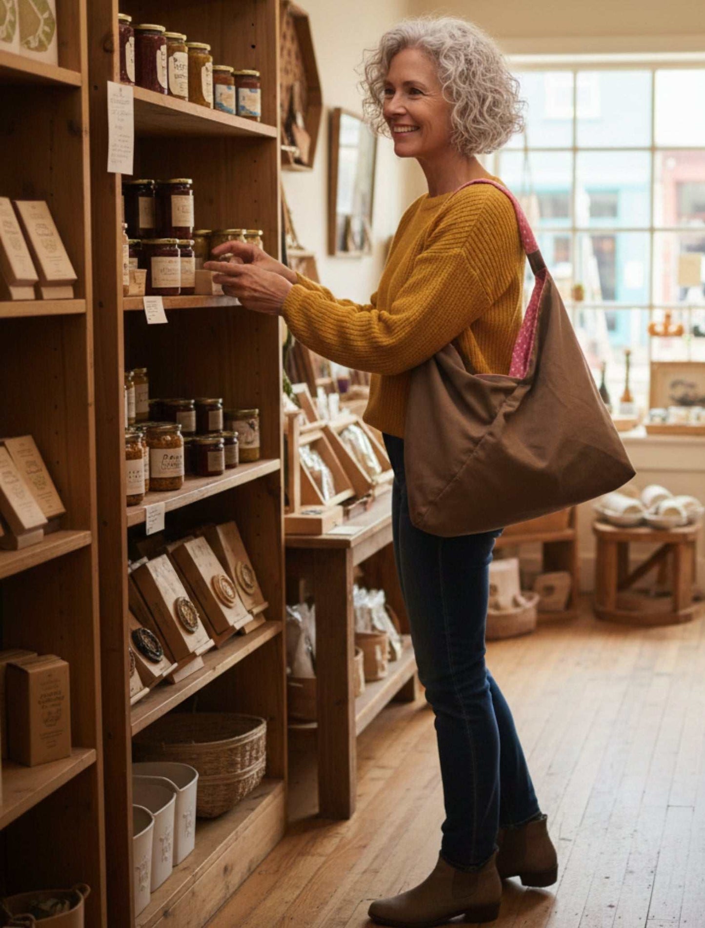 Woman shopping in a wooden-shelved specialty store, wearing a mustard yellow sweater and dark jeans, carrying the Reversible Slouch Hobo tote Bag in its taupe color over her shoulder. This shows the large capacity and casual style for grocery or boutique shopping