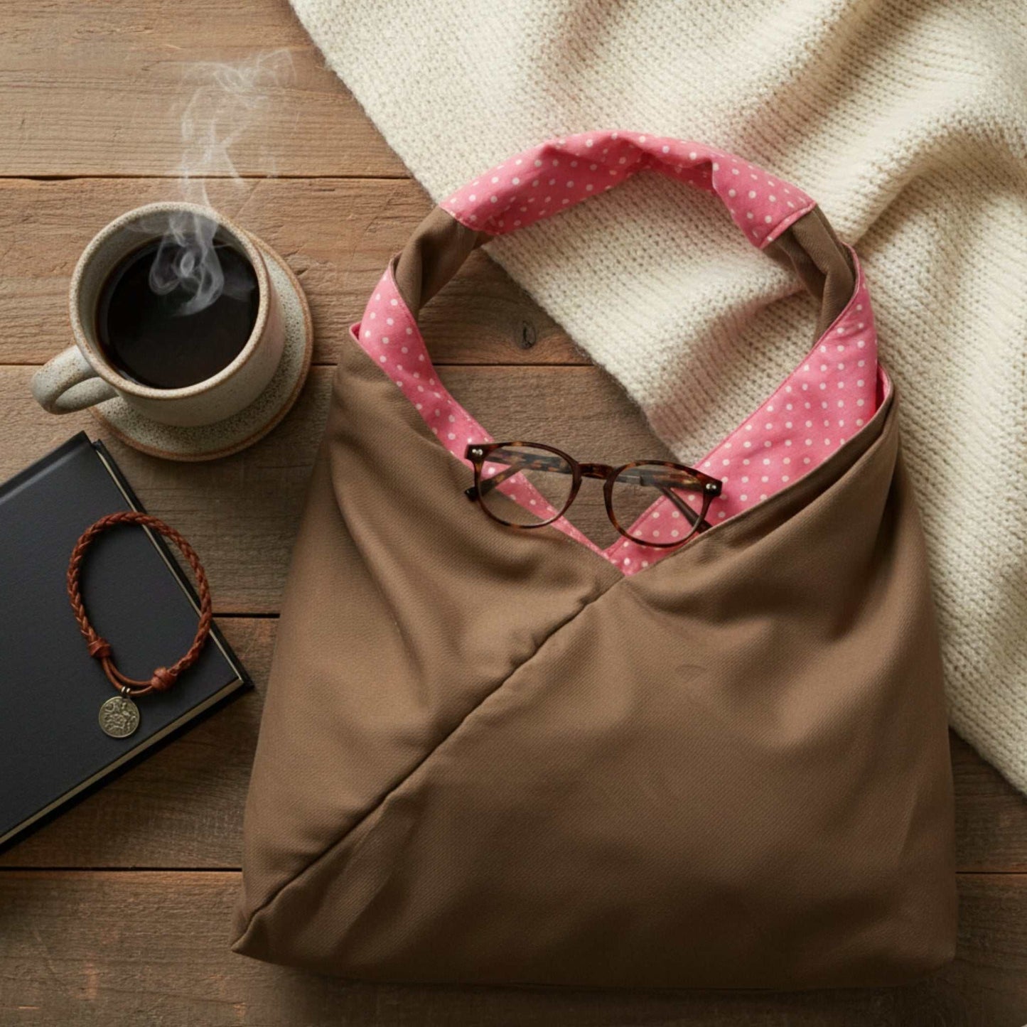 Flat lay shot of the Reversible Slouch Hobo tote Bag in its taupe color, folded slightly on a wooden surface beside a mug of steaming coffee and a cream blanket. Reading glasses are tucked into the bag's folds, emphasizing its cozy, comfortable, and casual style