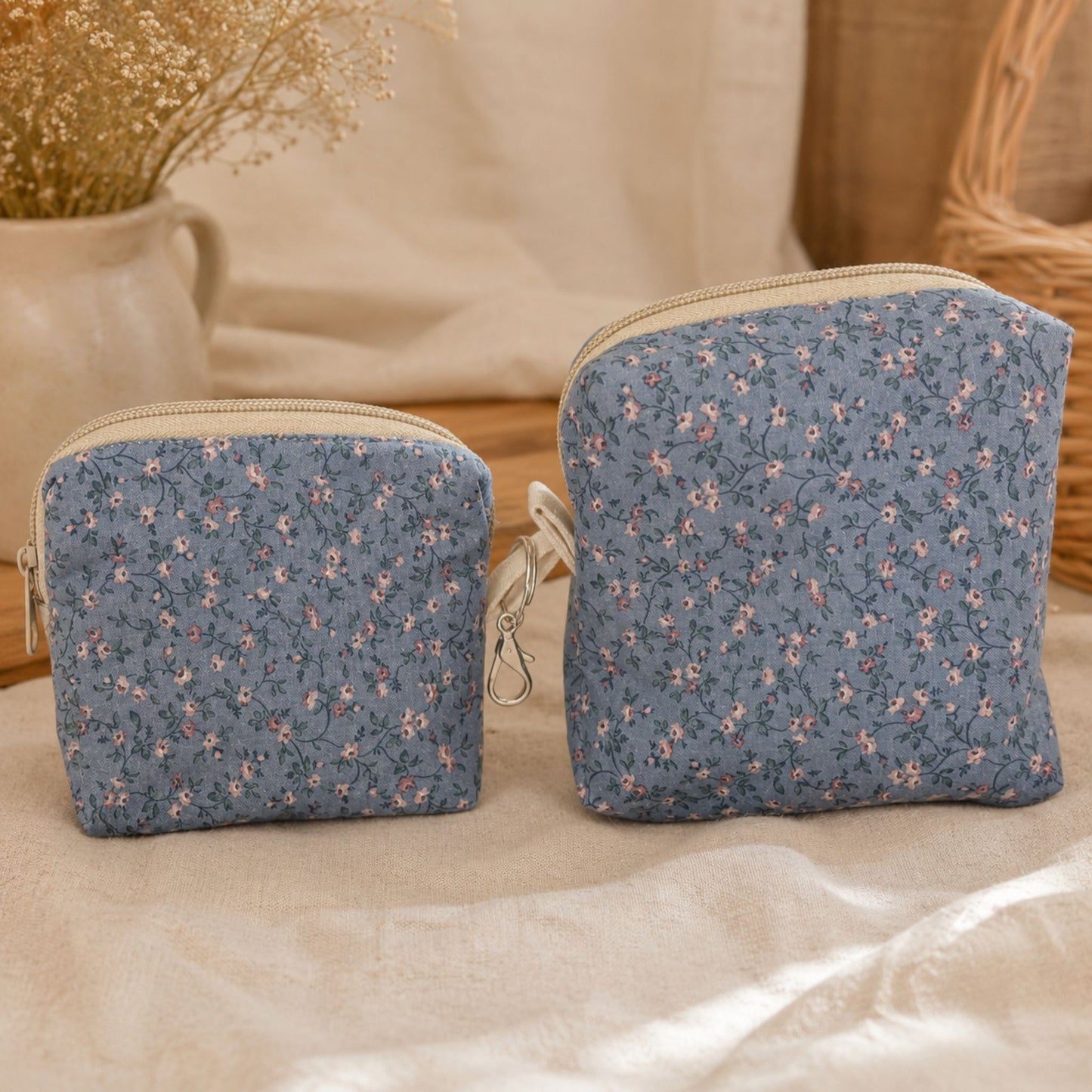 Cottagecore Makeup Bag in Blue Floral for Everyday Use | Travel Organizer