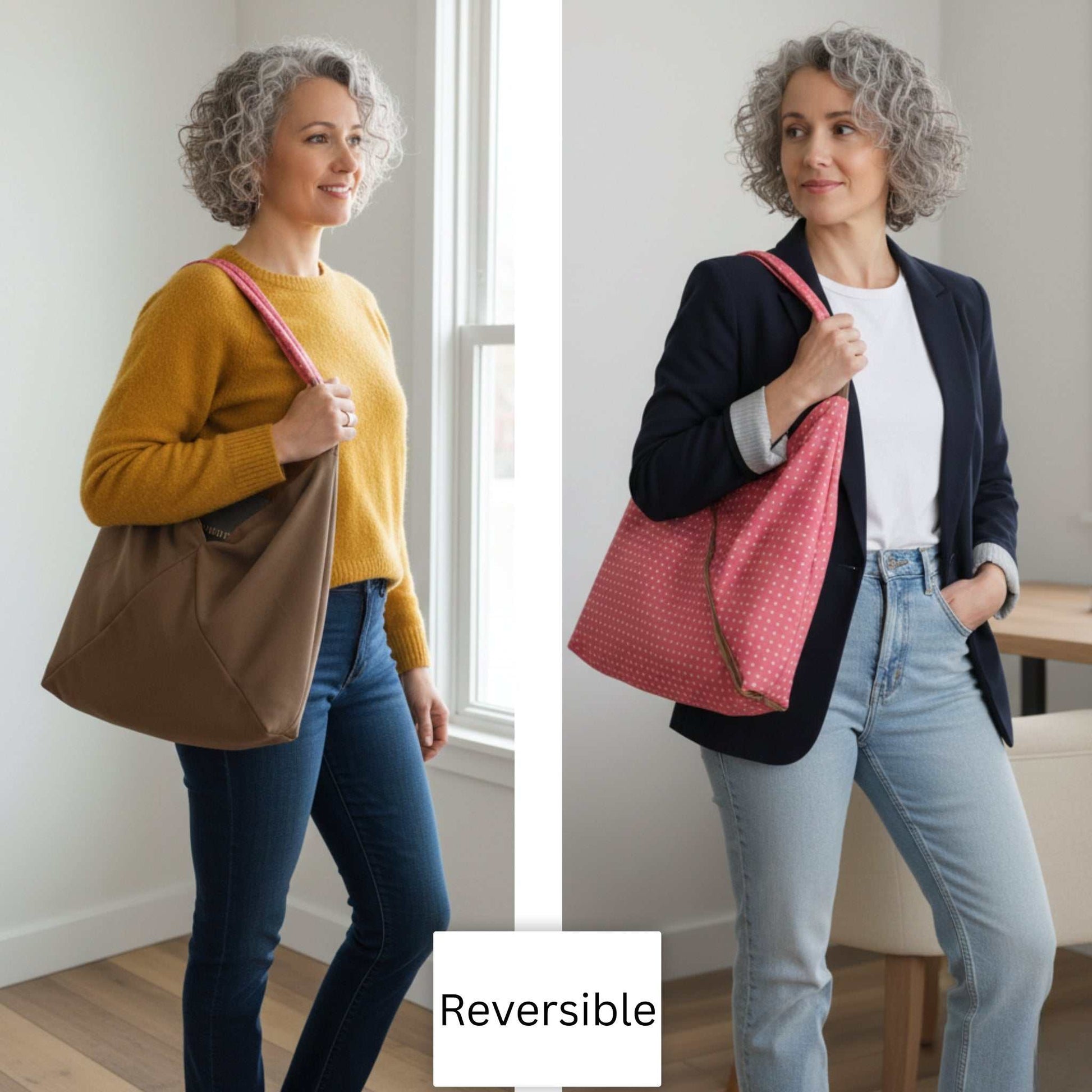 Reversible Slouch Hobo tote Bag comparison photo. A woman is shown in two different outfits, holding the bag in both its colors: a solid taupe exterior with a small dark accent pocket on the left, and the pink-and-white polka dot lining flipped to the exterior on the right. This highlights the tote's versatile, two-in-one design