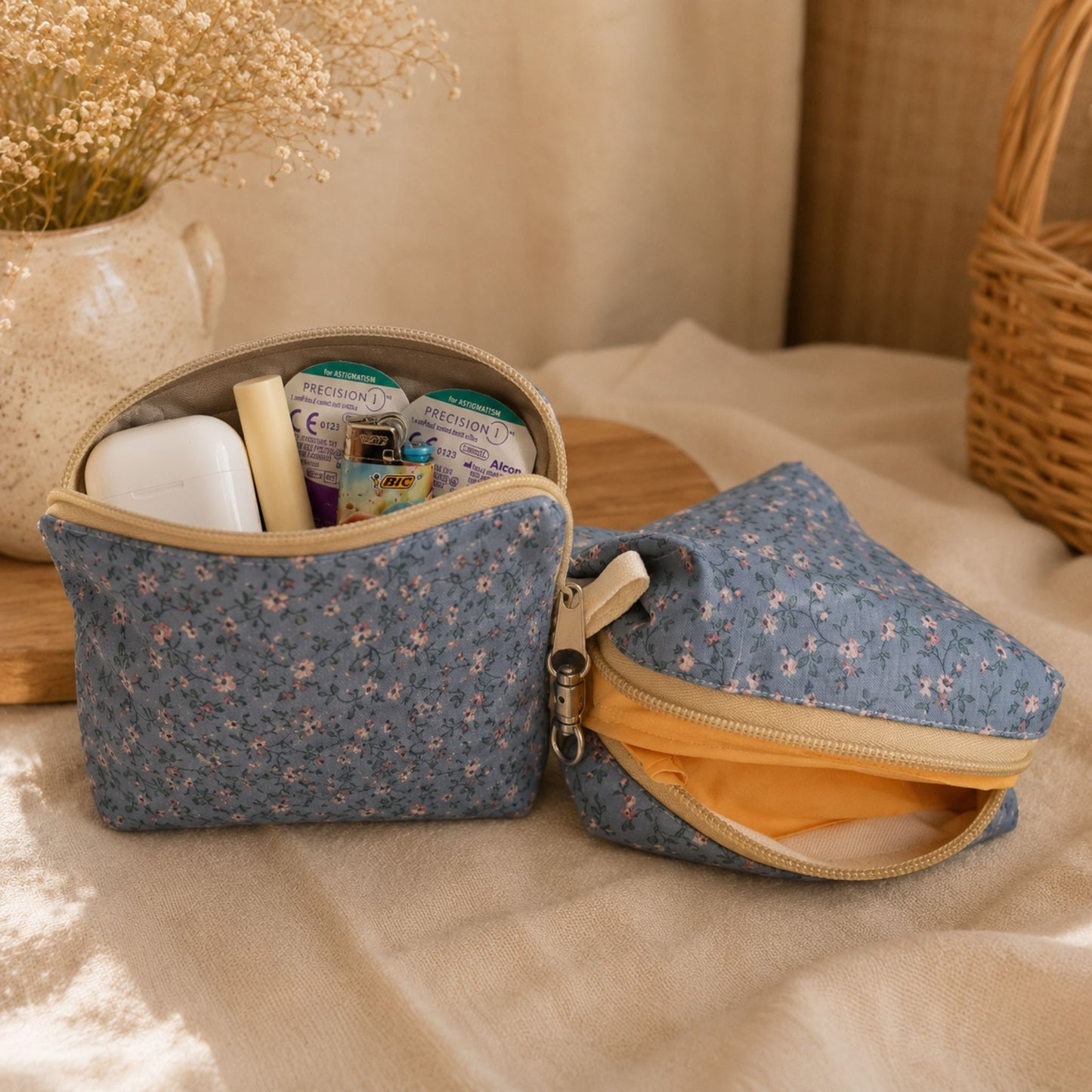 Cottagecore Makeup Bag in Blue Floral for Everyday Use | Travel Organizer