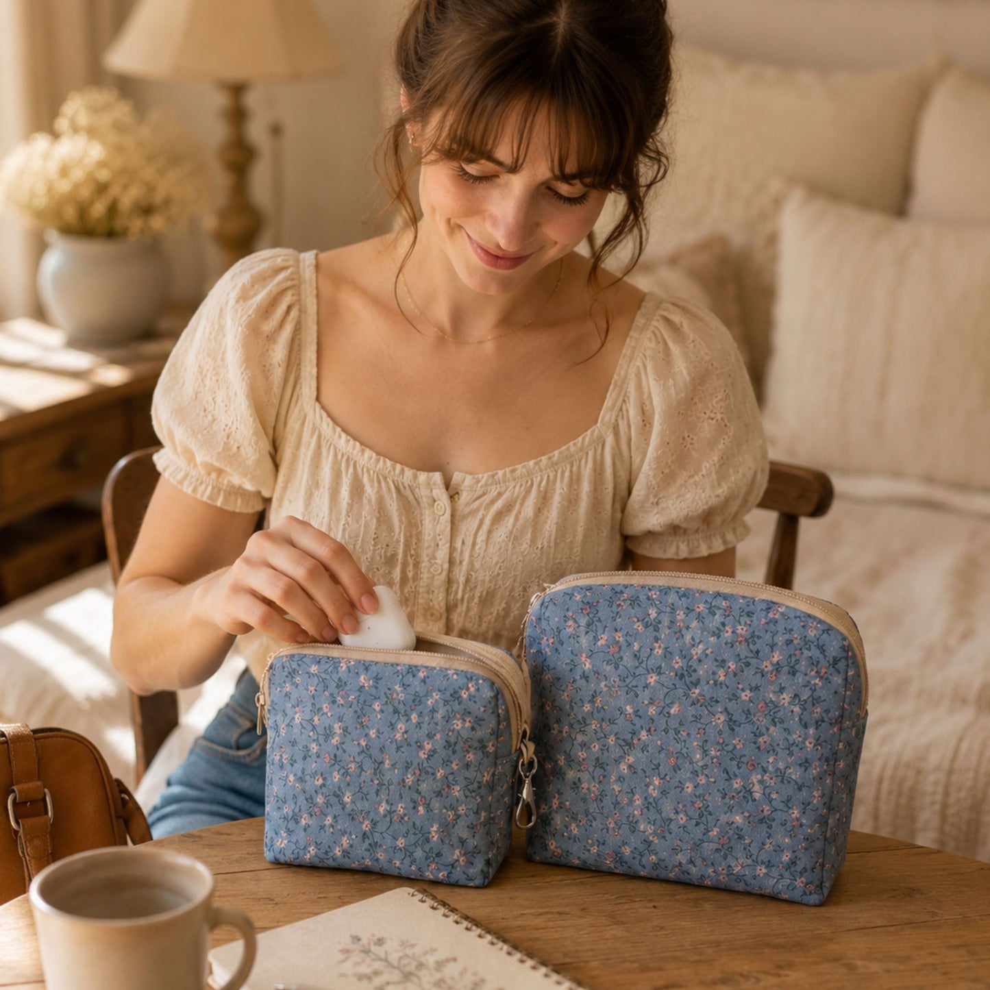 Cottagecore Makeup Bag in Blue Floral for Everyday Use | Travel Organizer