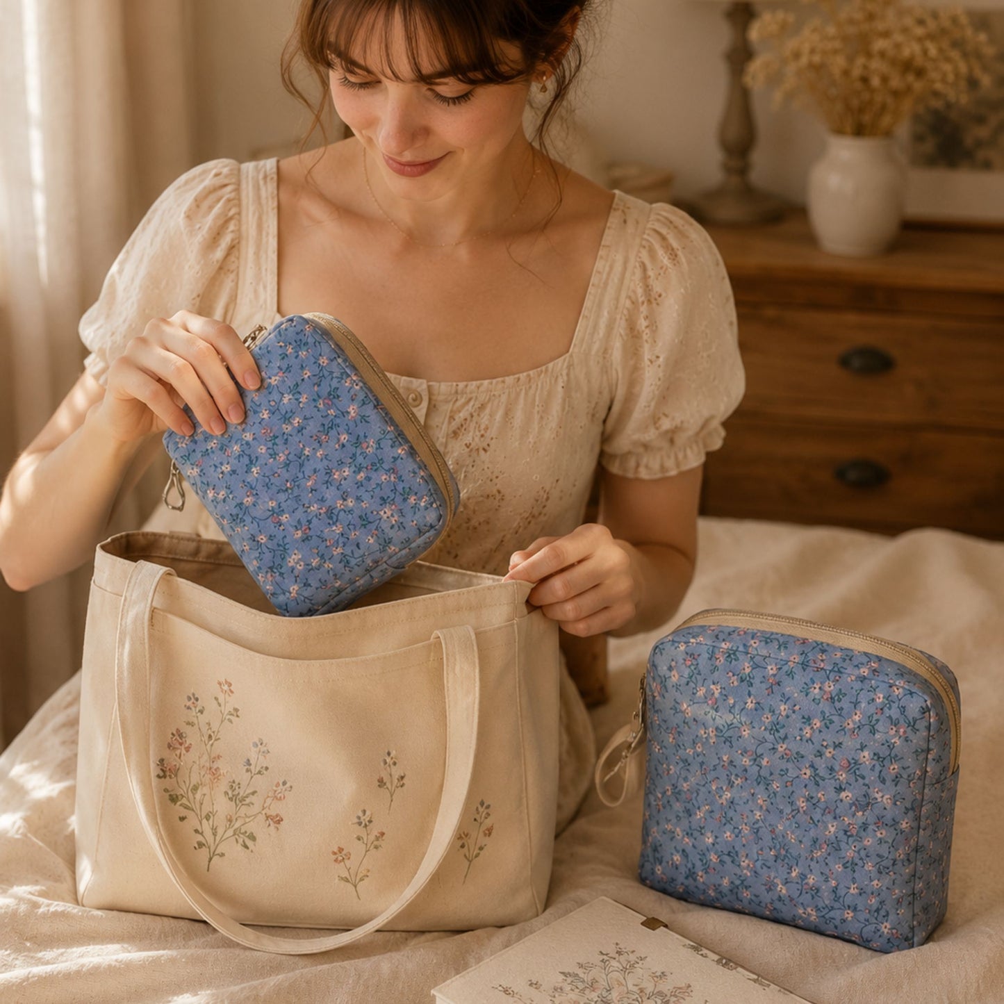 Cottagecore Makeup Bag in Blue Floral for Everyday Use | Travel Organizer