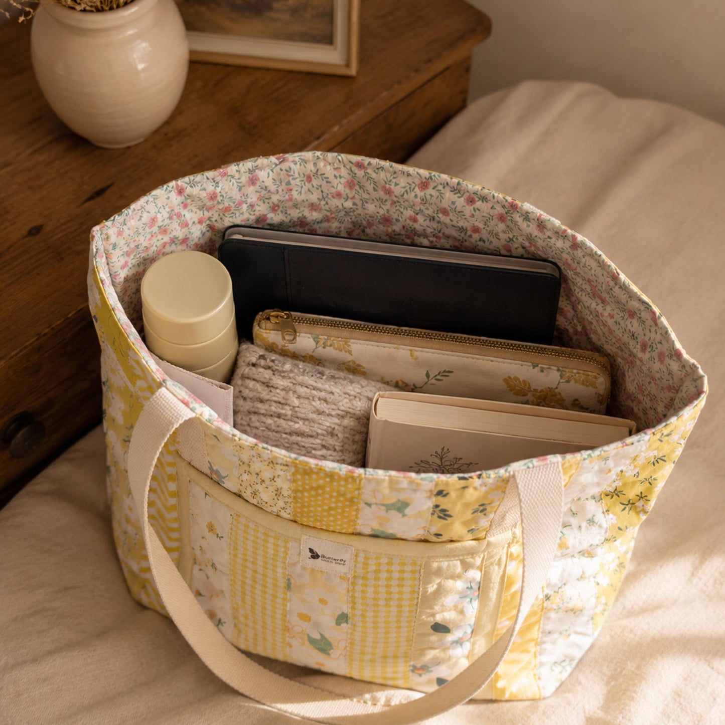 Handmade Quilted Tote Bag - Yellow Cotton Shoulder Bag for Women, Market & Everyday Use