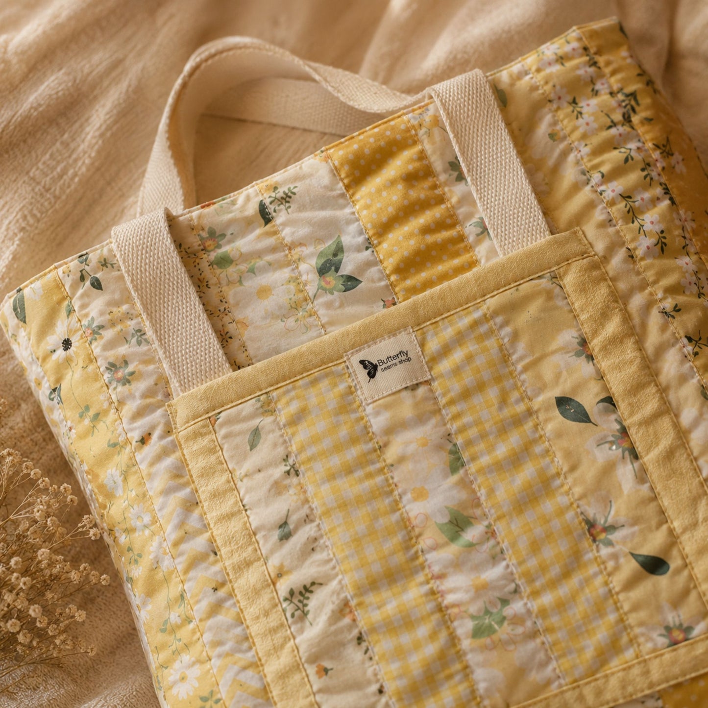 Handmade Quilted Tote Bag - Yellow Cotton Shoulder Bag for Women, Market & Everyday Use