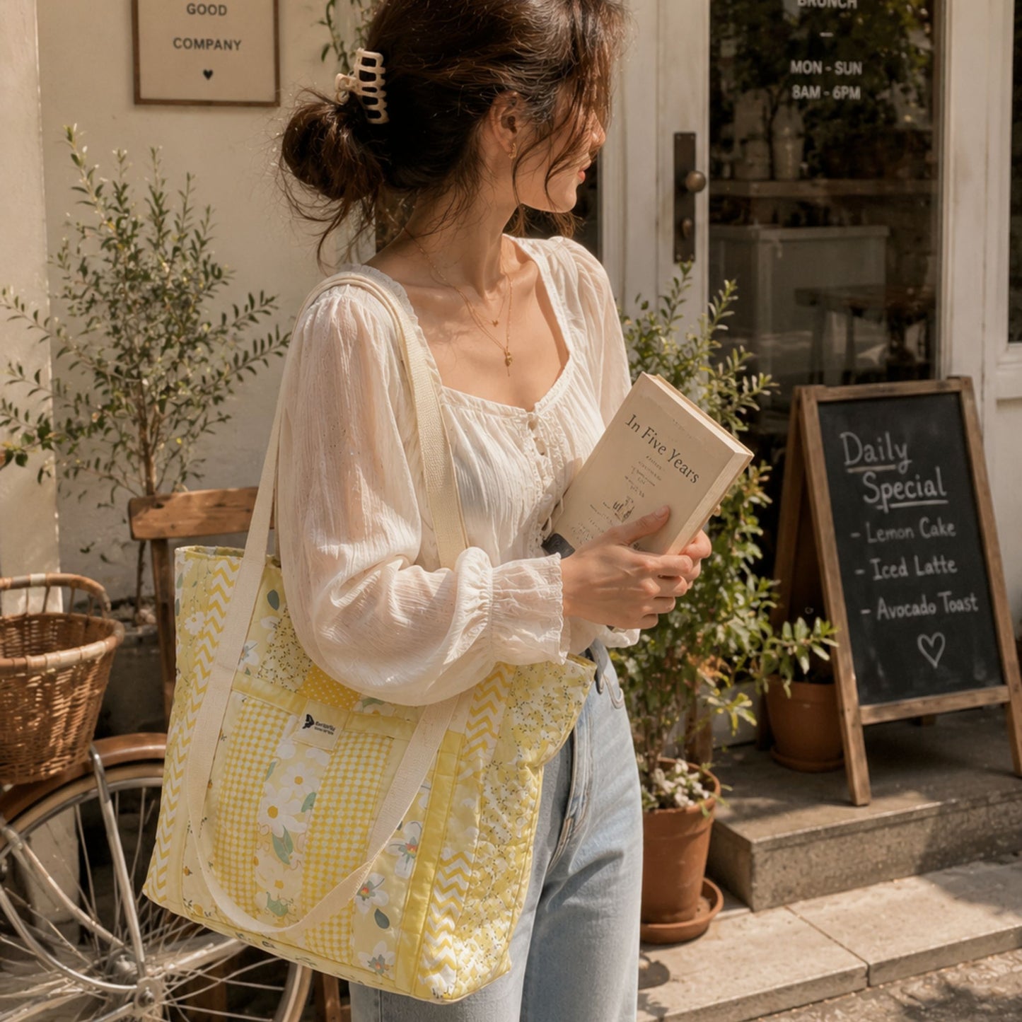 Handmade Quilted Tote Bag - Yellow Cotton Shoulder Bag for Women, Market & Everyday Use
