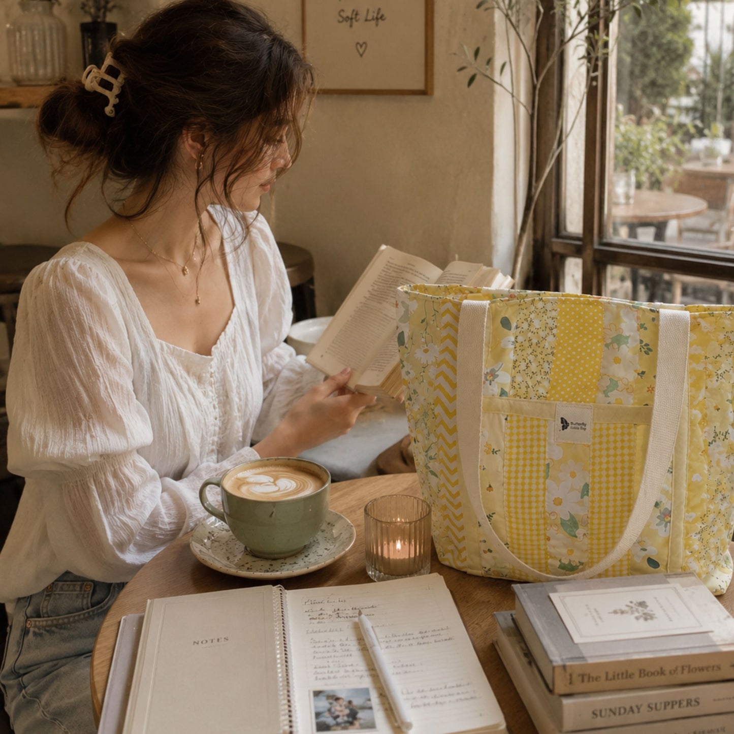 Handmade Quilted Tote Bag - Yellow Cotton Shoulder Bag for Women, Market & Everyday Use