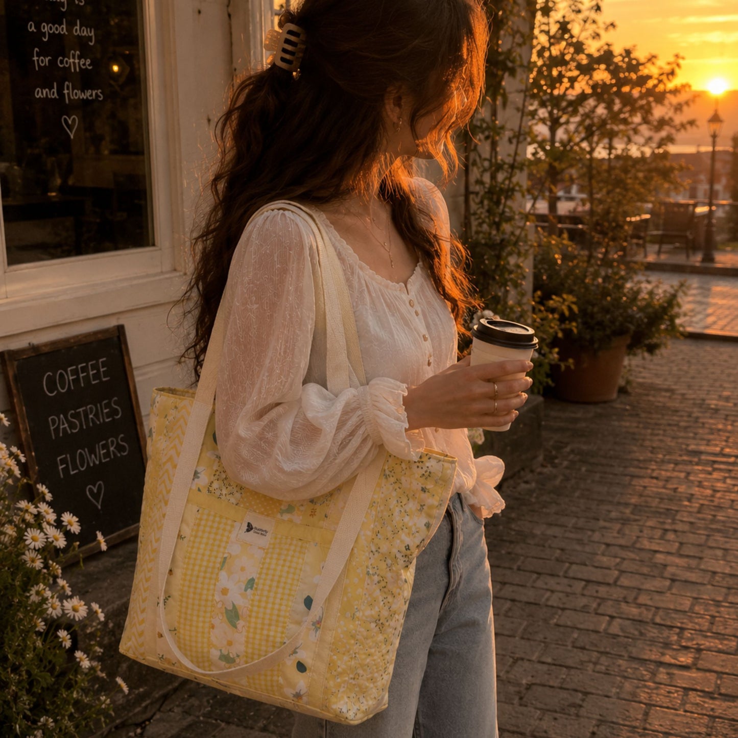 Handmade Quilted Tote Bag - Yellow Cotton Shoulder Bag for Women, Market & Everyday Use