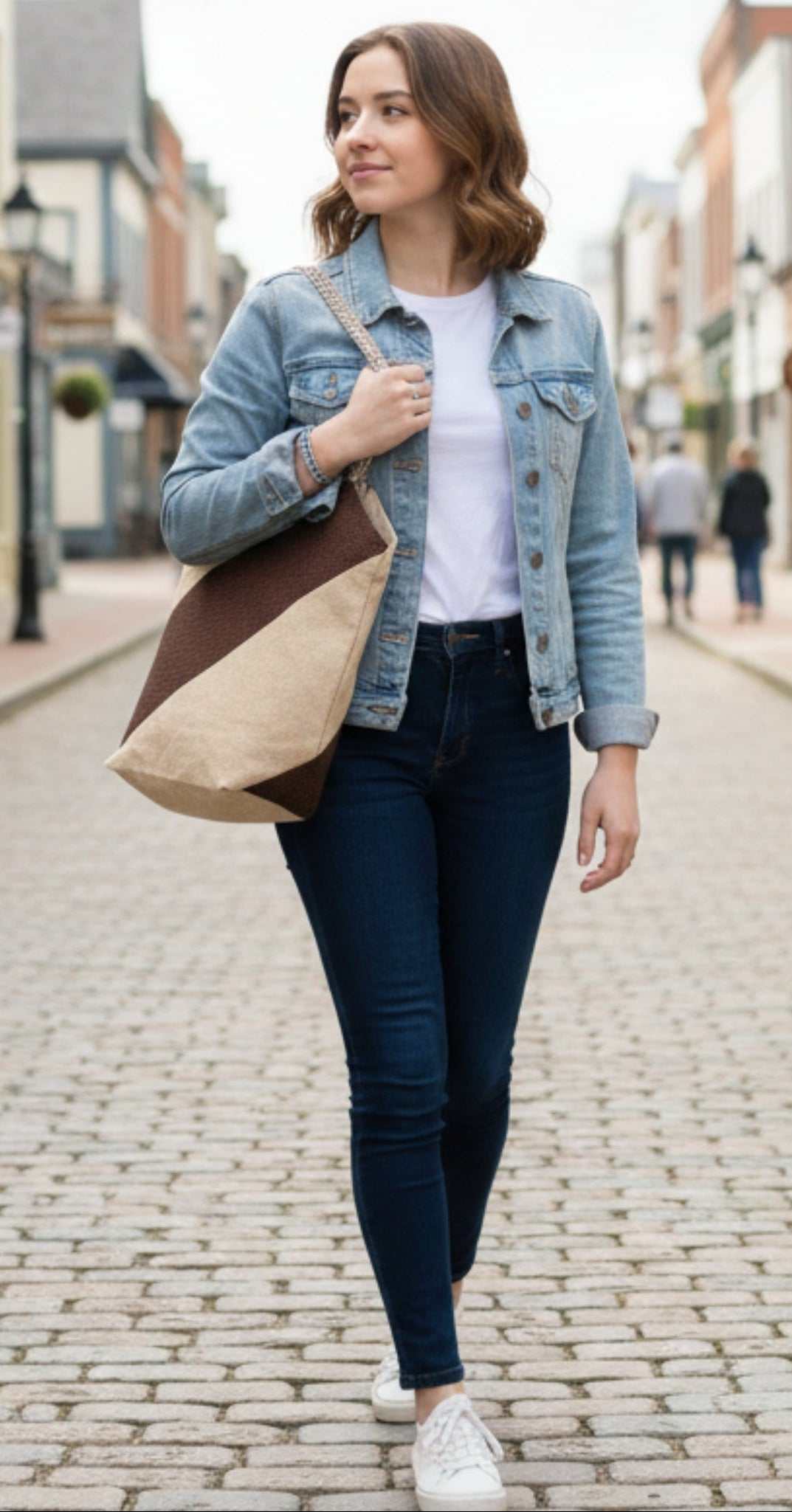 Woman in a denim jacket walking on a cobblestone street, carrying the Chocolate Brown Minimalist Tote Bag, Diagonal Stripe Tote Bag over her shoulder, showcasing its casual city style and size.