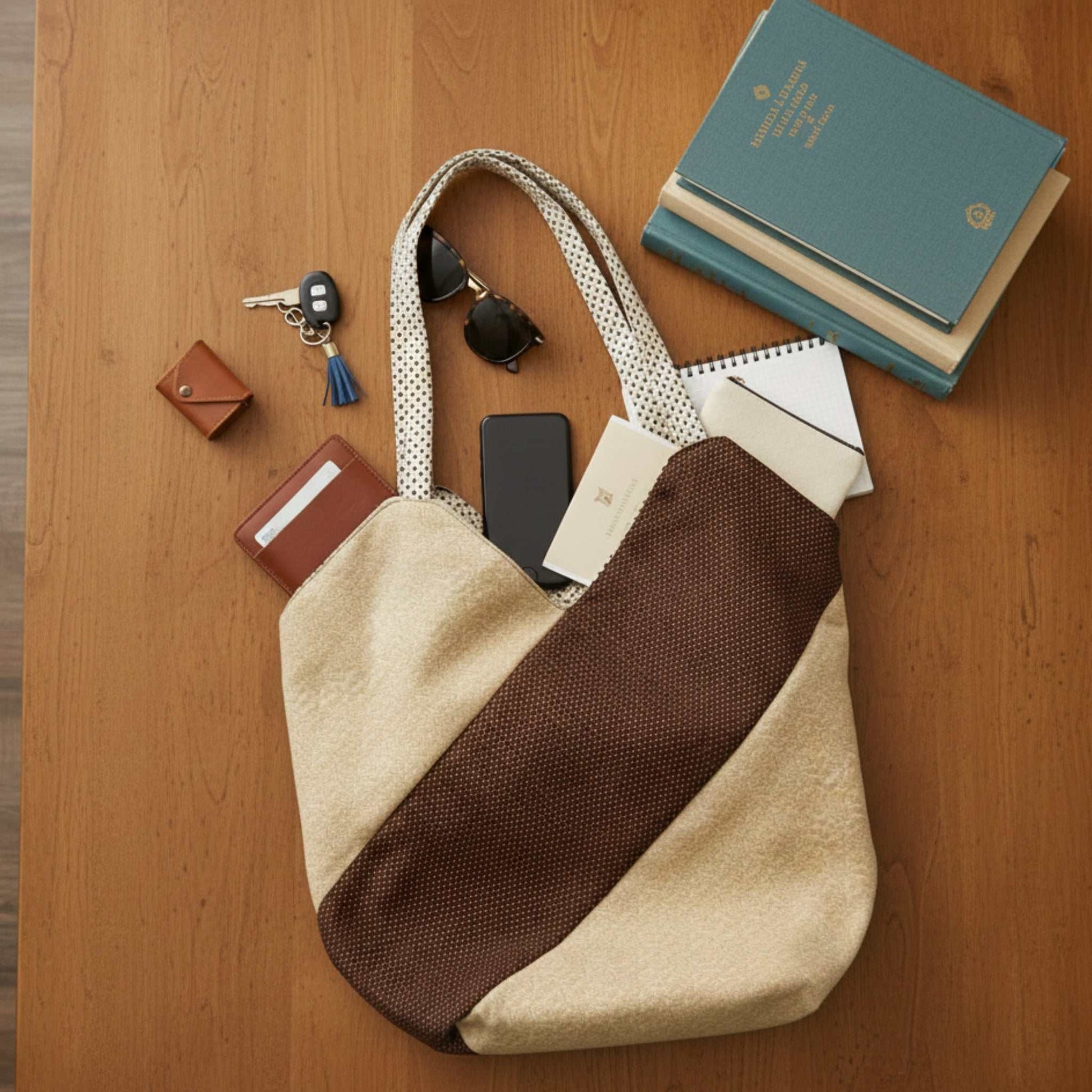 Flat lay of the Chocolate Brown Minimalist Tote Bag, Diagonal Stripe Tote Bag on a wooden desk, filled with a phone, keys, sunglasses, notebook, and wallet. Two books are placed next to the bag, demonstrating its capacity for daily essentials.