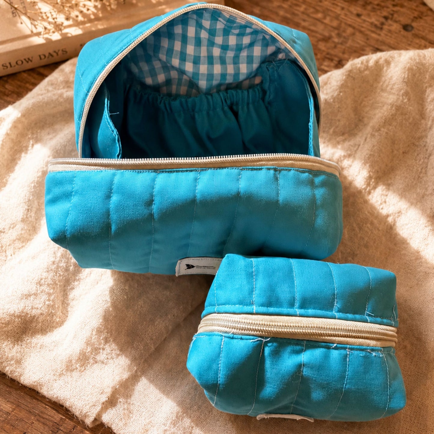 Handmade Quilted Makeup Bag Set (3 Sizes) – Wide-Open Cosmetic Organizer with Compartments – Travel & Everyday Use