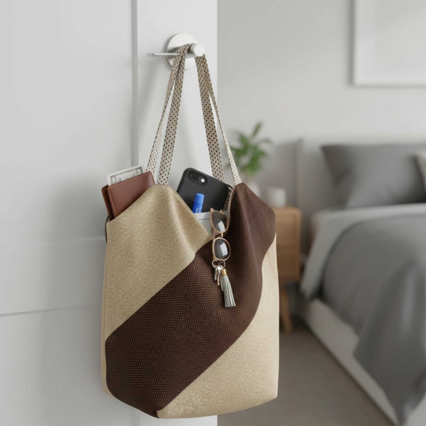 The Chocolate Brown Minimalist Tote Bag, Diagonal Stripe Tote Bag hanging on a door handle in a bedroom, filled with a wallet, phone, sunglasses, and keys. The polka dot strap pattern is visible, highlighting its convenience for grab-and-go use.