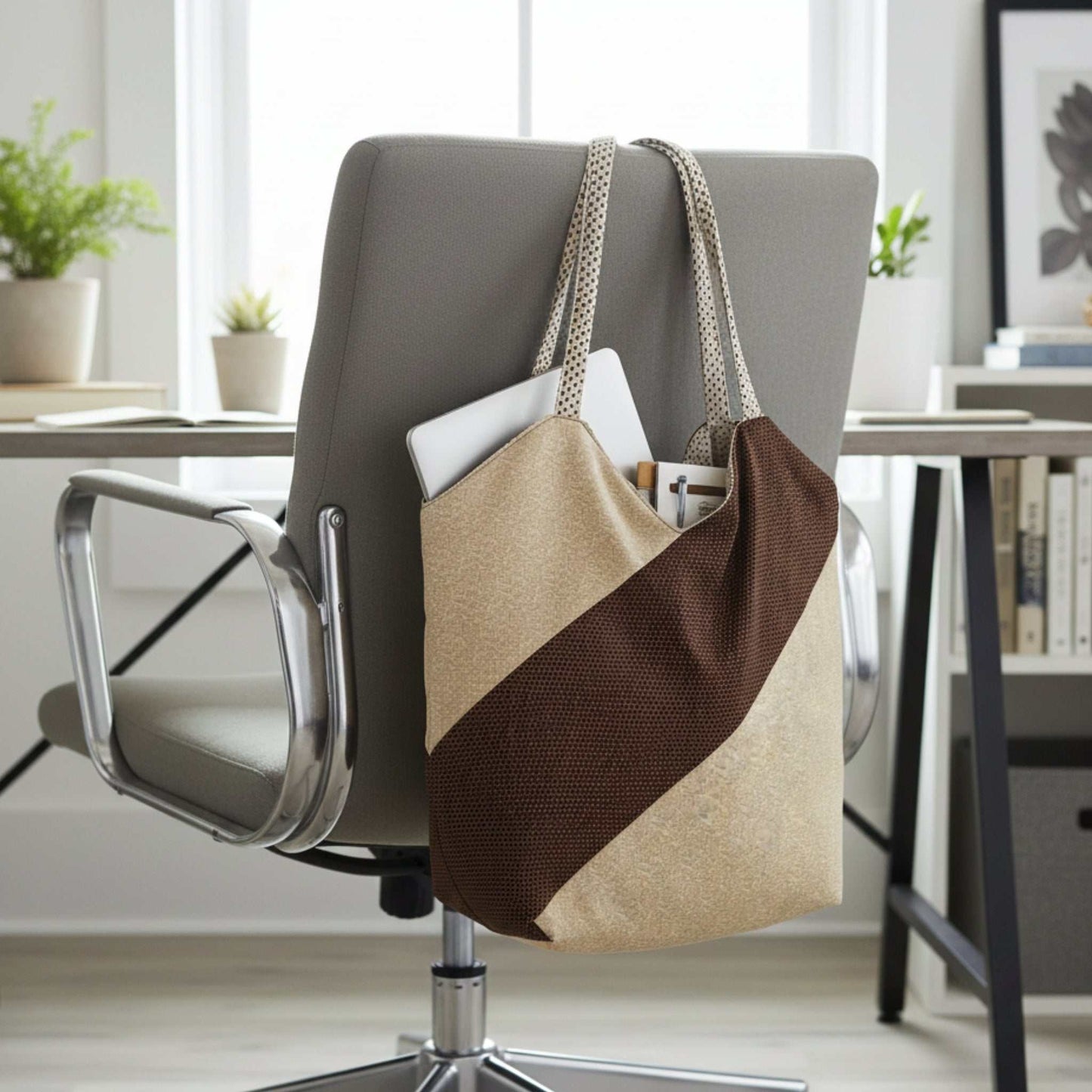 The Chocolate Brown Minimalist Tote Bag, Diagonal Stripe Tote Bag hanging on the back of a gray office chair, filled with a laptop and papers. This illustrates the tote's function as a stylish work or commuter bag.
