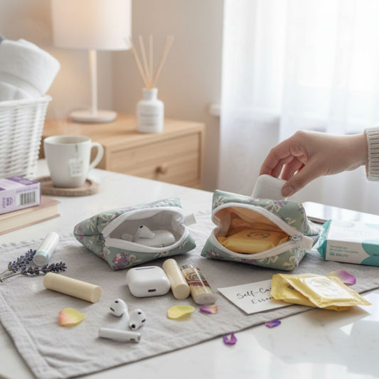 Small Green with bow pouches with travel-sized products on a table, with a hand reaching in to take an item.
