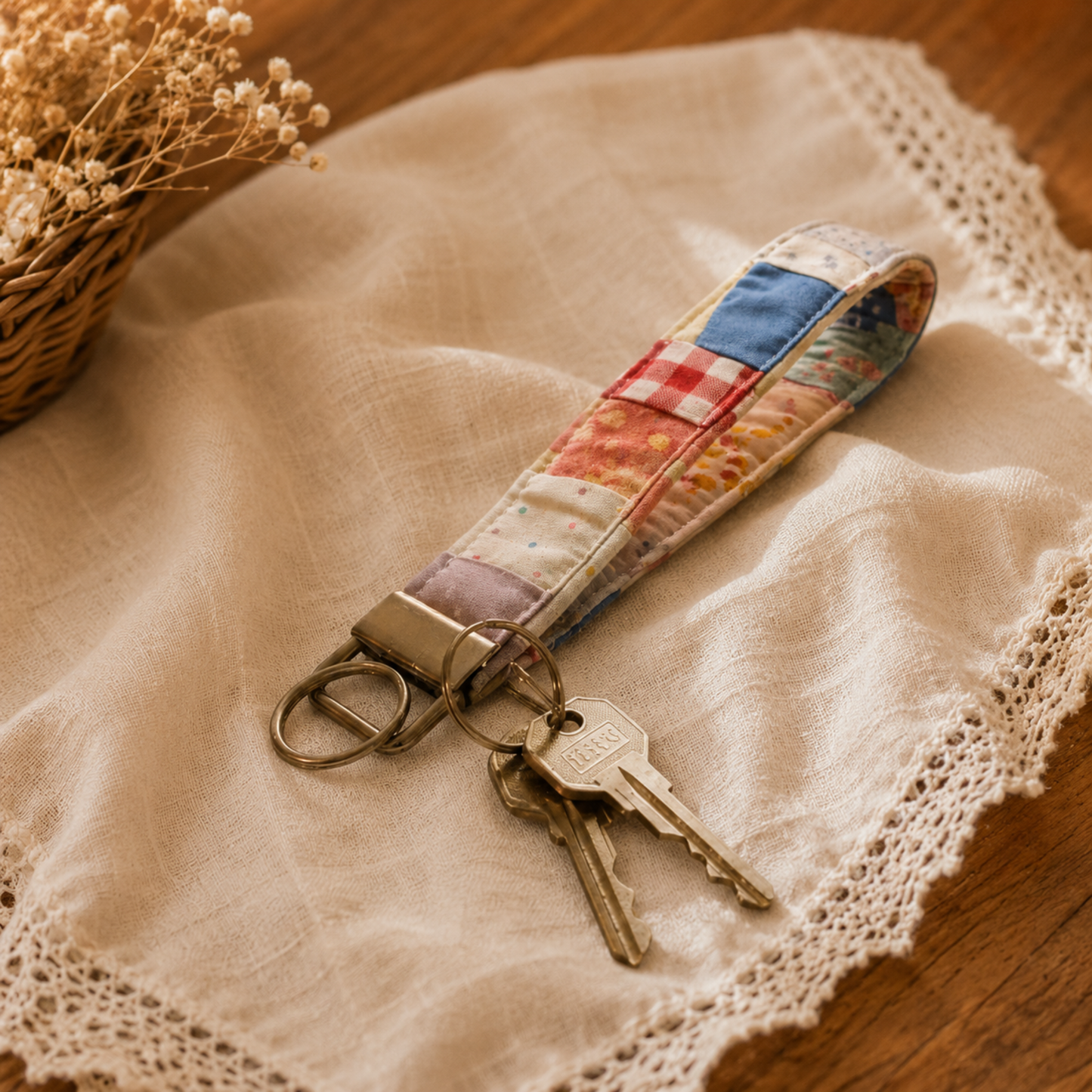 Patchwork Fabric Handmade Quilted Wristlet Keychain | Key Fob for Keys (Multi Color)