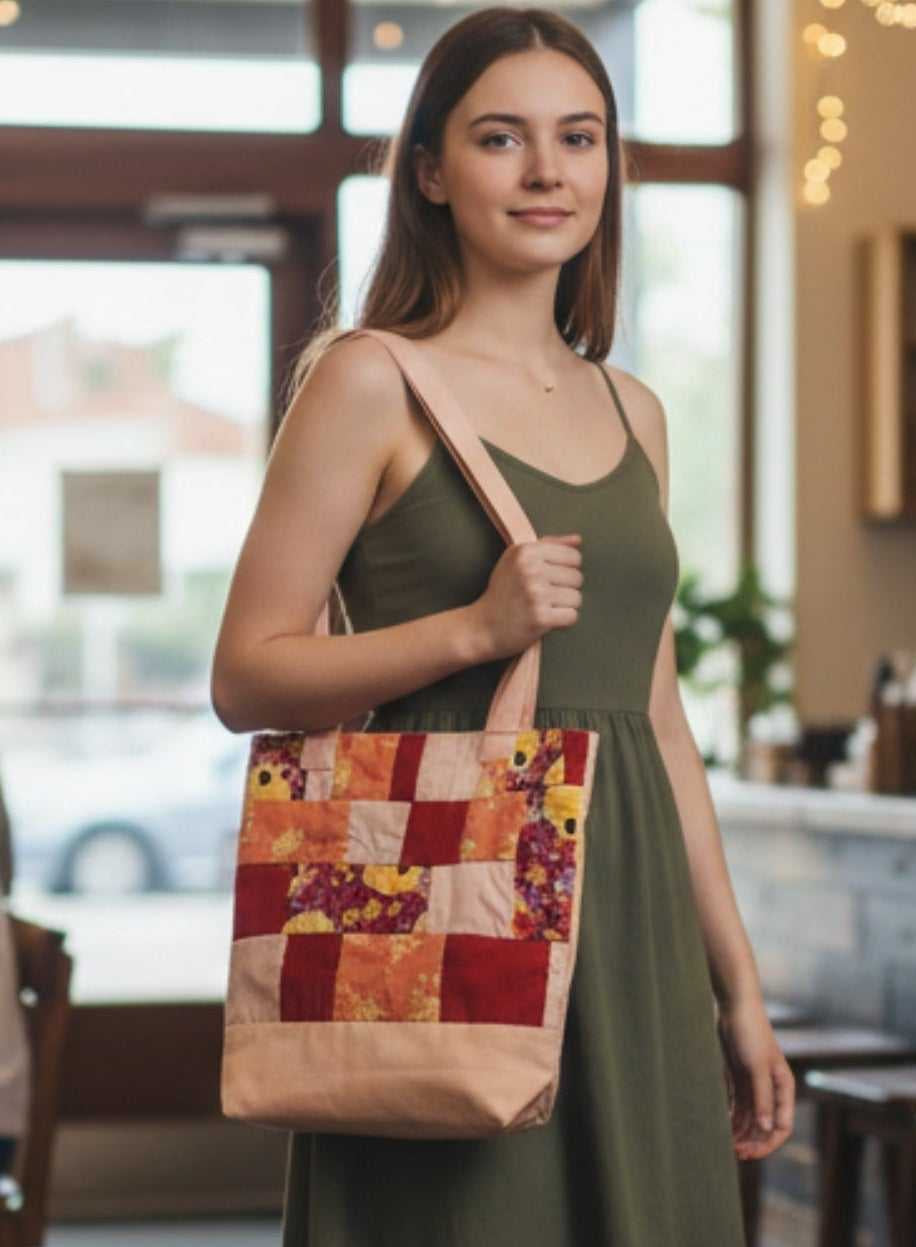 Young woman wearing a green sundress walking through a coffee shop, carrying the Red and pink Handmade Patchwork Tote Bag by its light pink strap. This showcases the bag's size and casual style for spring and summer.